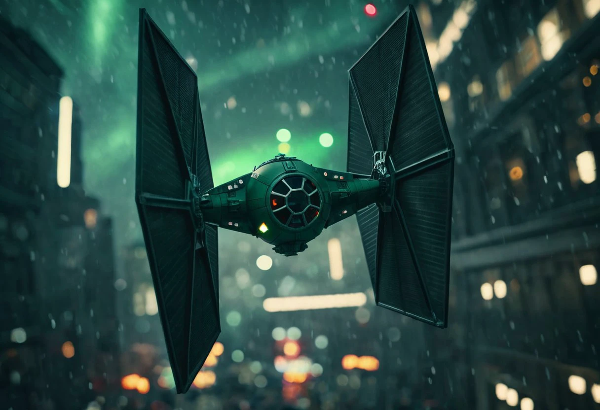 TIE fighter a star wars tie fighter flying through a city,military,no humans,night,star (sky),flying,science fiction,realistic,aircraft,space,vehicle focus,spacecraft , star wars style, battle, laser beam from tie fighter, green weapon, burstfir, shallow depth of field, vignette, highly detailed, high budget, bokeh, cinemascope, moody, epic, gorgeous, film grain, grainy