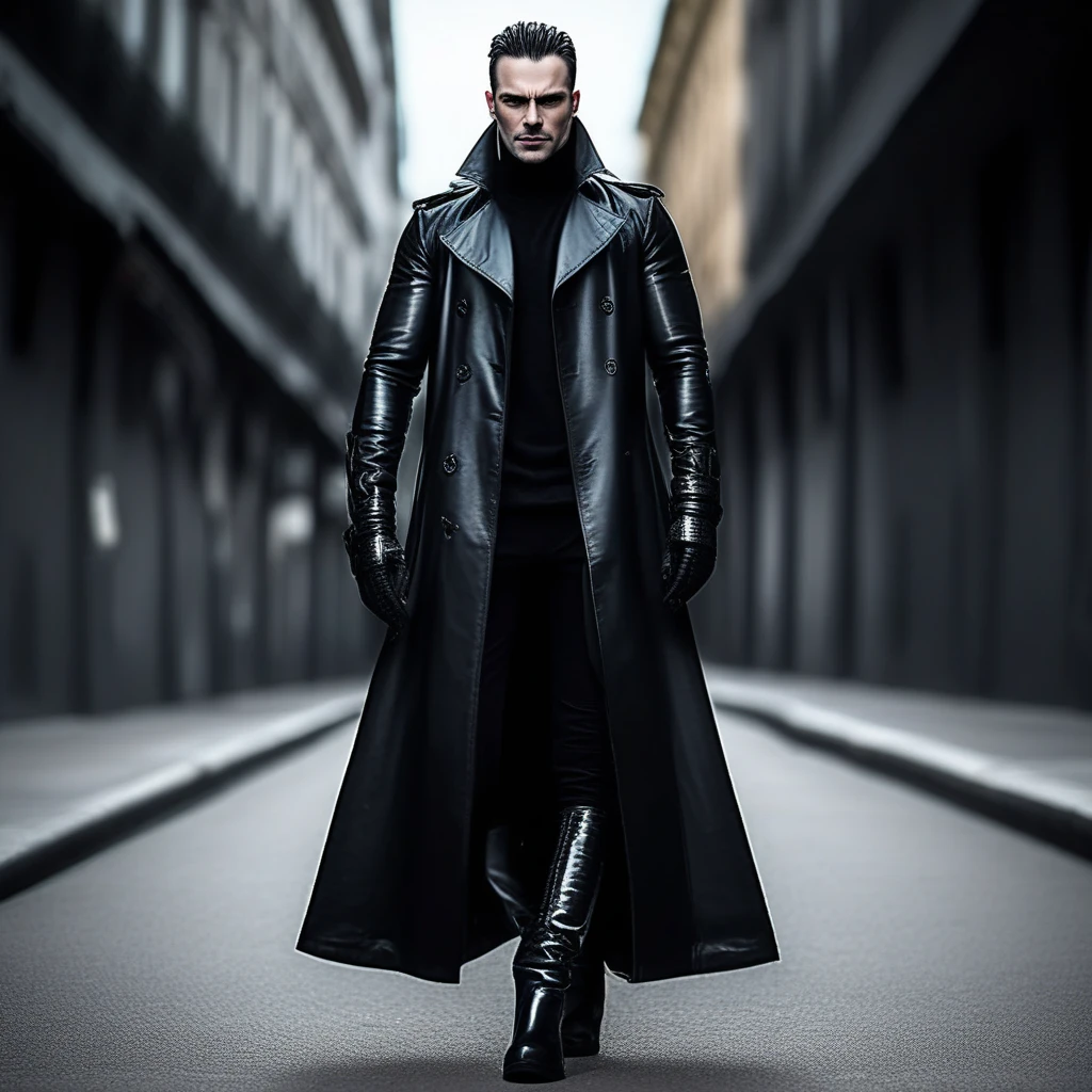 a very handsome stronge man in a black trenchcoat and boots standing in a street, wearing black leather trenchcoat, gothic coat, black draconic - leather, stylish coat for a rave, black greatcoat, hyper ultra cinematic volumetric lighting, wide shot with Sony Fx6