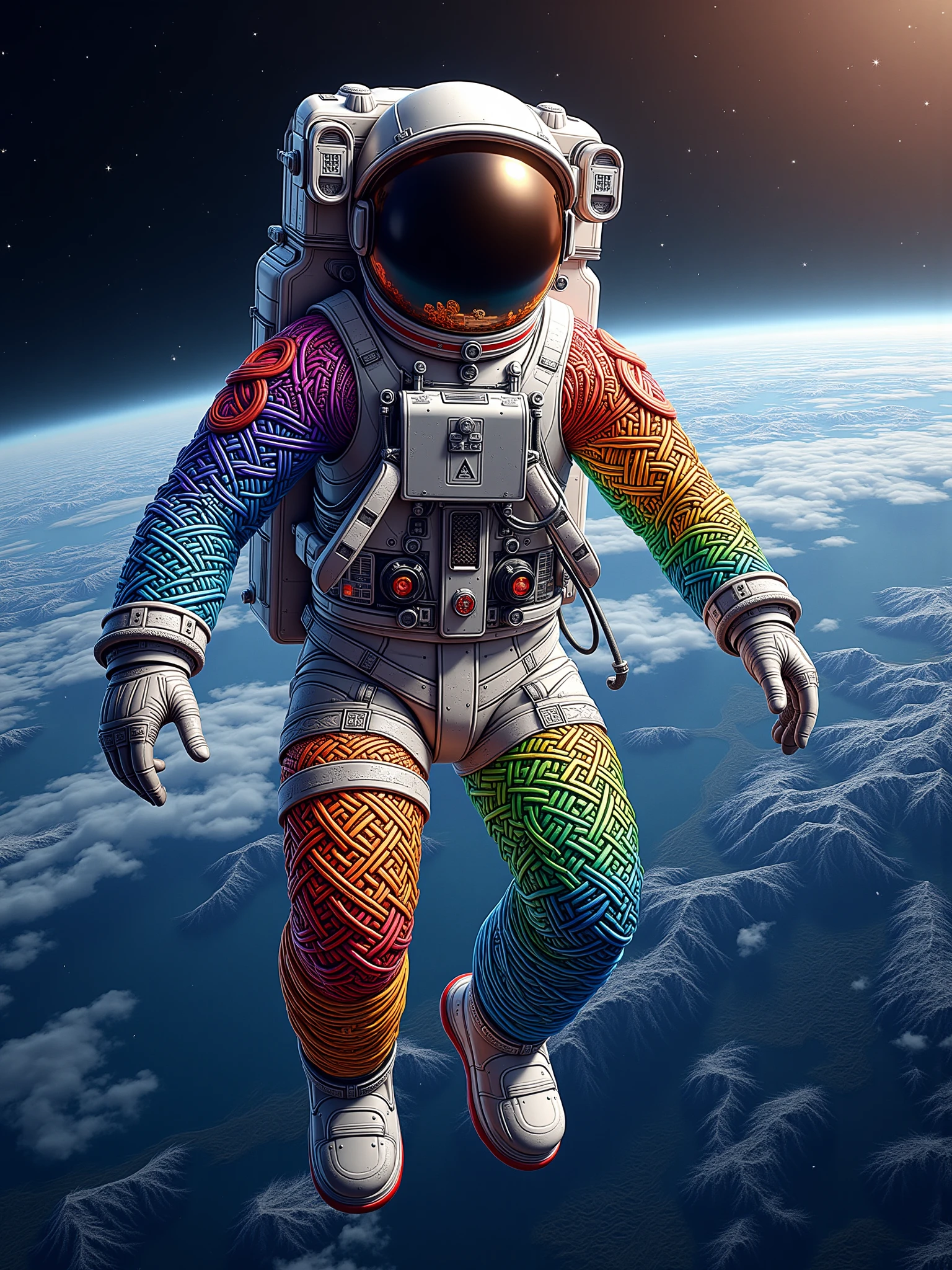 "mad-clrflvkngknt astronaut floating in orbit of earth <lora:colorful-viking-knot-flux:0.9>"