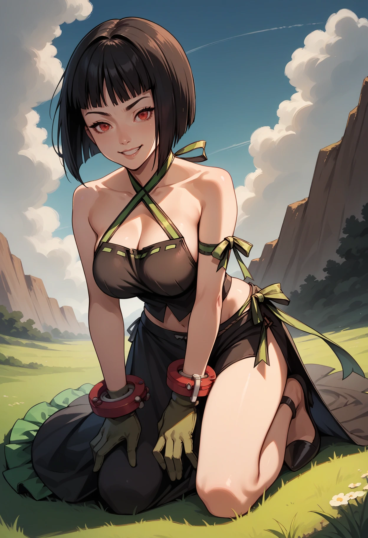 score_9, score_8_up, score_7_up, 1girl, kneeling, looking at viewer, hands on own legs, grin, half-closed eyes, <lora:TachibanaGE-pdxl:1> stGE, black hair, bob cut, blunt bangs, red eyes, large breasts, cleavage, crop top, black shirt, bare shoulders, criss-cross halter, arm ribbon, green ribbon, bracelet, green gloves, asymmetrical gloves, midriff, black skirt, side slit, black shorts, long skirt, frilled skirt, high heels, grass, sky