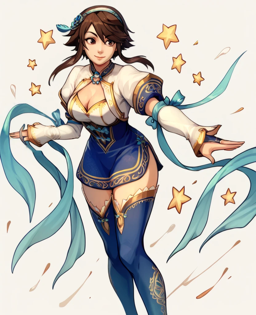 score_9,score_8_up,score_7_up,score_6_up,xianghuaxl,brown eyes,short hair with long locks,
smiling,
standing,thighhighs,
short blue dress,cleavage cutout,hairband,detached sleeves,jewelry,puffy sleeves,
stars,labyrinth,<lora:xianghuaXL>,