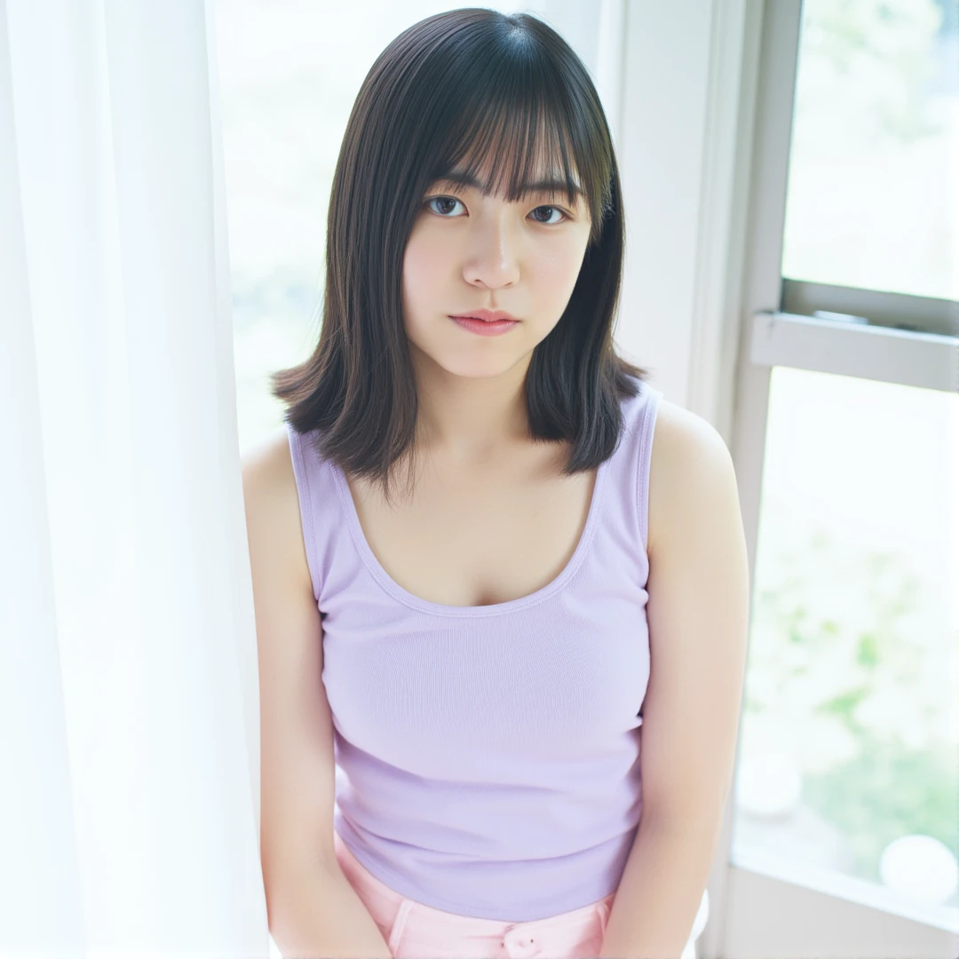 SHOGENJI, The image is a portrait of a young woman standing in front of a window. She is wearing a light purple sleeveless top and light pink shorts. The top has a scoop neckline and thin straps. She has shoulder-length dark hair with bangs and is looking directly at the camera with a serious expression. The window behind her is covered with white curtains and has a view of greenery outside. The overall mood of the image is calm and serene. Natural lighting, Soft cool tones, Amateur photography, 