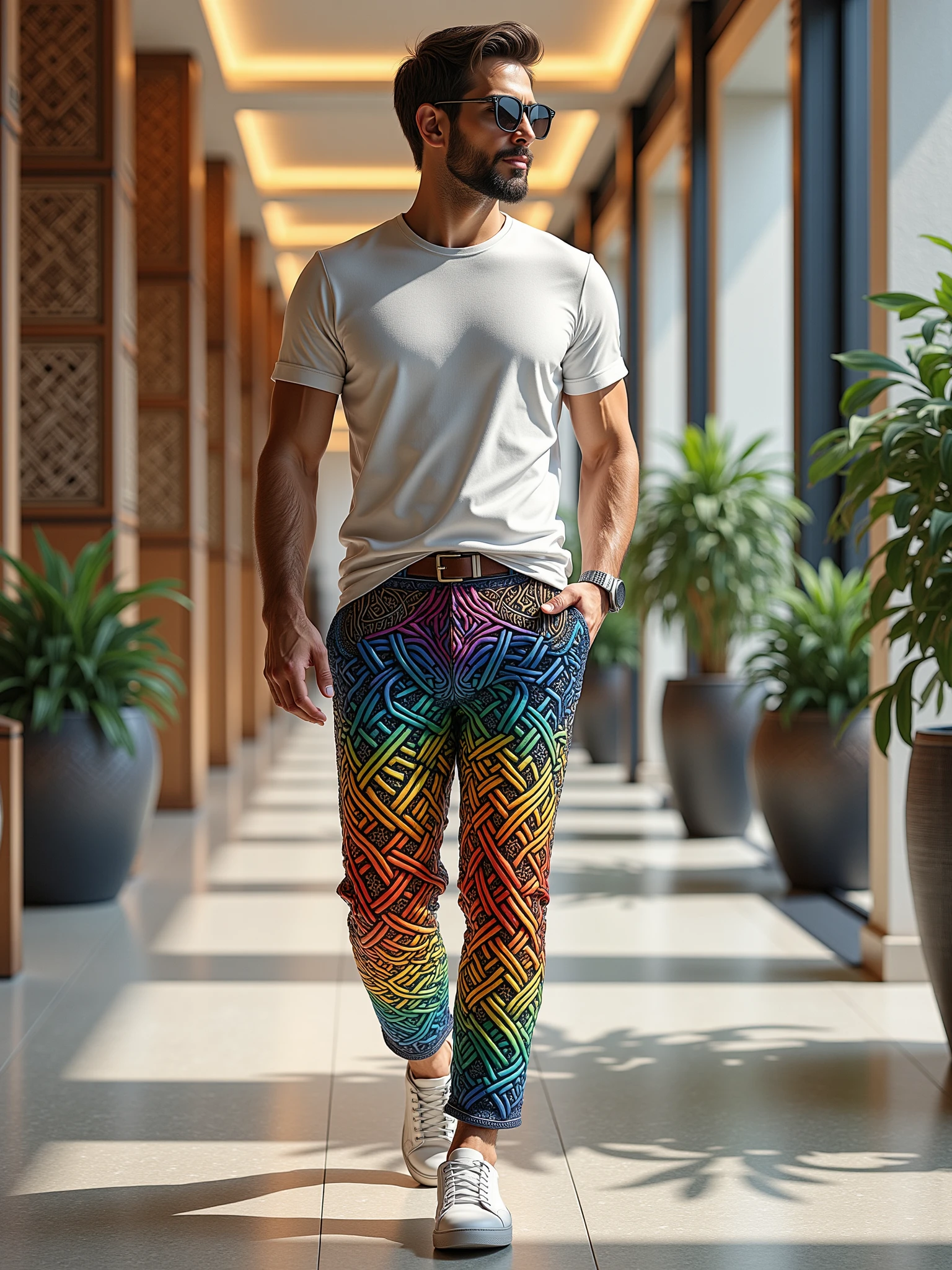 "man wearing a mad-clrflvkngknt pants and white tshirt walking through mall <lora:colorful-viking-knot-flux:0.9>"