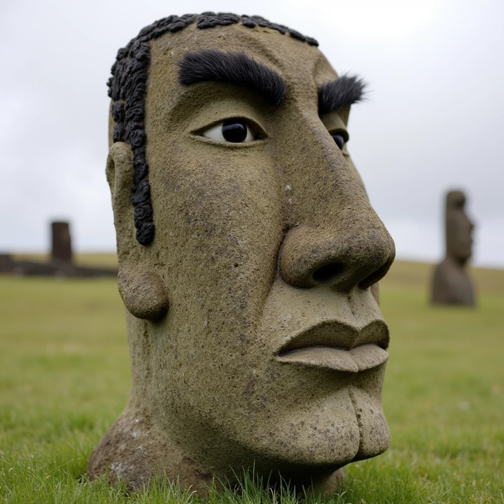 High-quality photo of an Easter Island Moai head that looks like Chudjak's face with furrowed eyebrows, on the grass. National geographic photo. <lora:chudjak-flux-dev-000013:1>