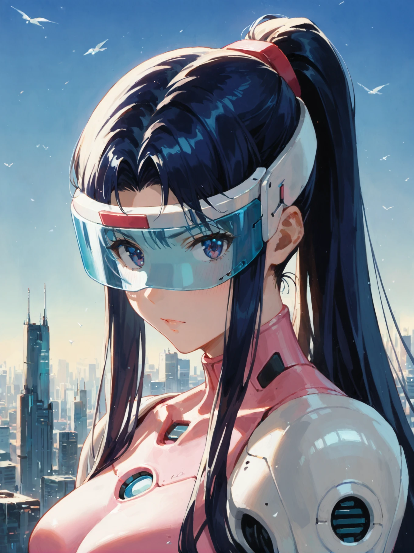 score_9, score_8_up, score_7_up, source_anime, dramatic pose, portrait, sunny day, 1girl, dark blue hair, long hair with high ponytail, futuristic suit, cold, tense expression, subtle blush, sleek visor, metallic accessories, dramatic light from side, 90s, retro,  ((Giant robot silhouette background)), futuristic cityscape, intense atmosphere, looking at viewer,(masterpiece,high detail),