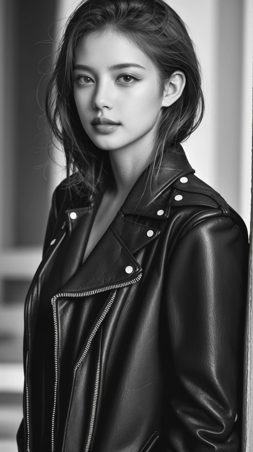 depth of field, jacket, leather jacket, lips, looking at viewer, realistic, solo, tiles, zipper
(duthc angle:1.3), (depth of field, cinematic, film grain),
<lora:BlackWhite_Photo:0.7>
<lora:pytorch_lora_weights:1>