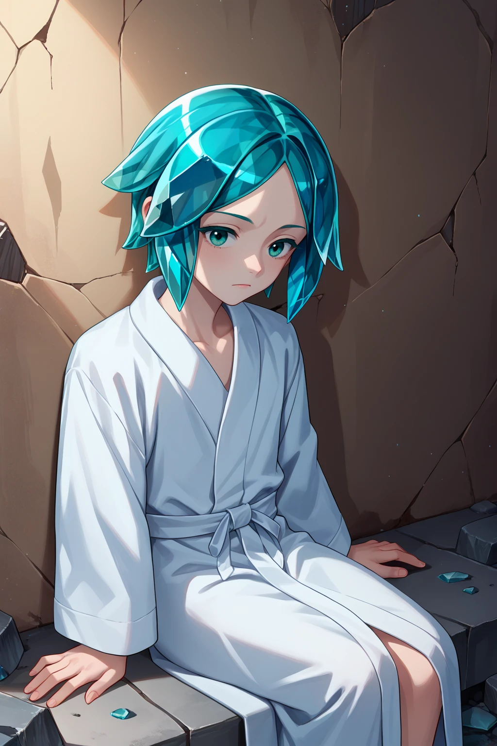 score_9, score_7_up, source_anime, pensive, phos, white skin, aqua eyes, aqua hair, short hair, crystal hair, white bathrobe, sitting, against wall, concrete, <lora:Hoseki_HousekiNoKuni_Phosphophyllite_PDXL_v1:1>