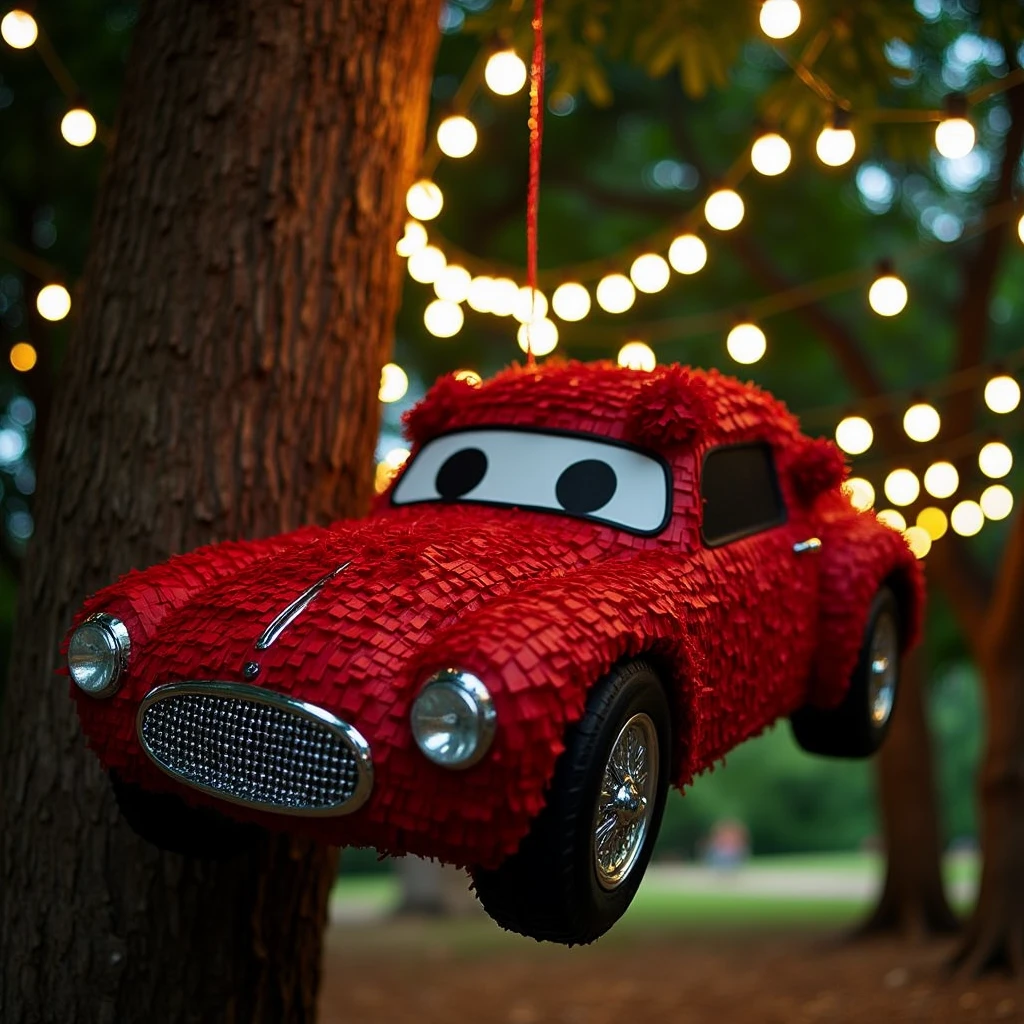 PinataFlux, red car made of pinata hanging on a tree, The scene is rendered in high-resolution, photorealistic detail, with the lighting highlighting, very aesthetic, happy vibes and gloomy white lights, dildo pinata next to her