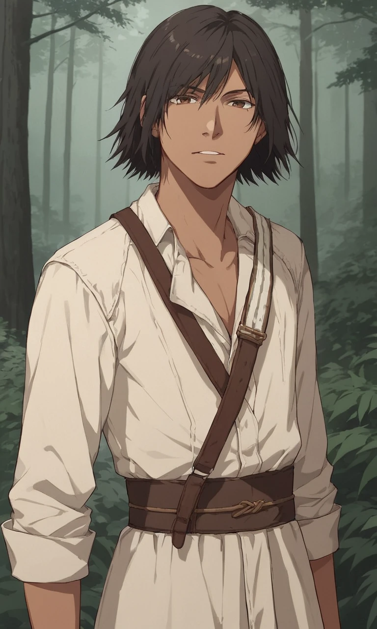 score_9, score_8_up, score_7_up, source_anime, anime illustration, masterpiece, best quality, lots of details, BREAK
1boy, solo, 18 years old, femboy:0.1, adult, connorkenway, looking at viewer, brown eyes, black hair, brown hair, dense forest, tan