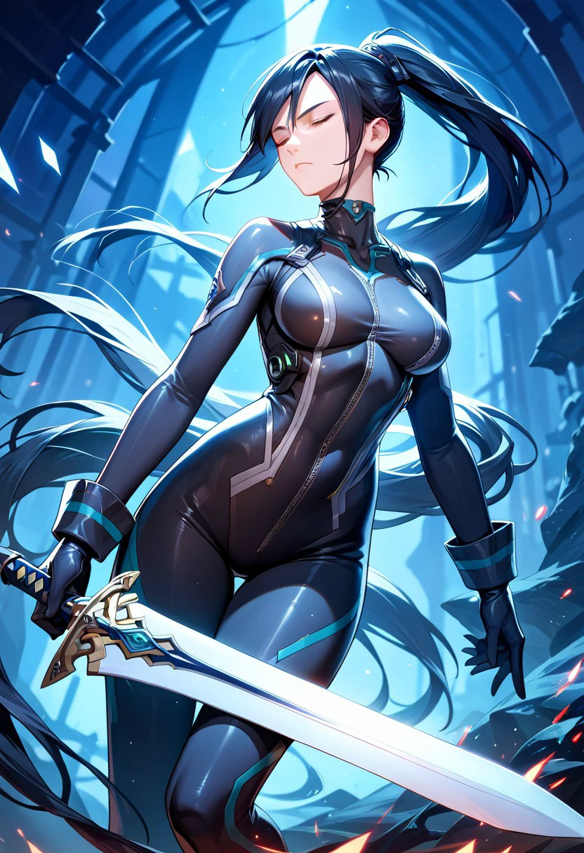 score_9,score_8_up,score_7_up,source_anime, EVE07,1girl,solo,long hair,black hair,very long hair,closed eyes,ponytail,weapon,sword,bodysuit,