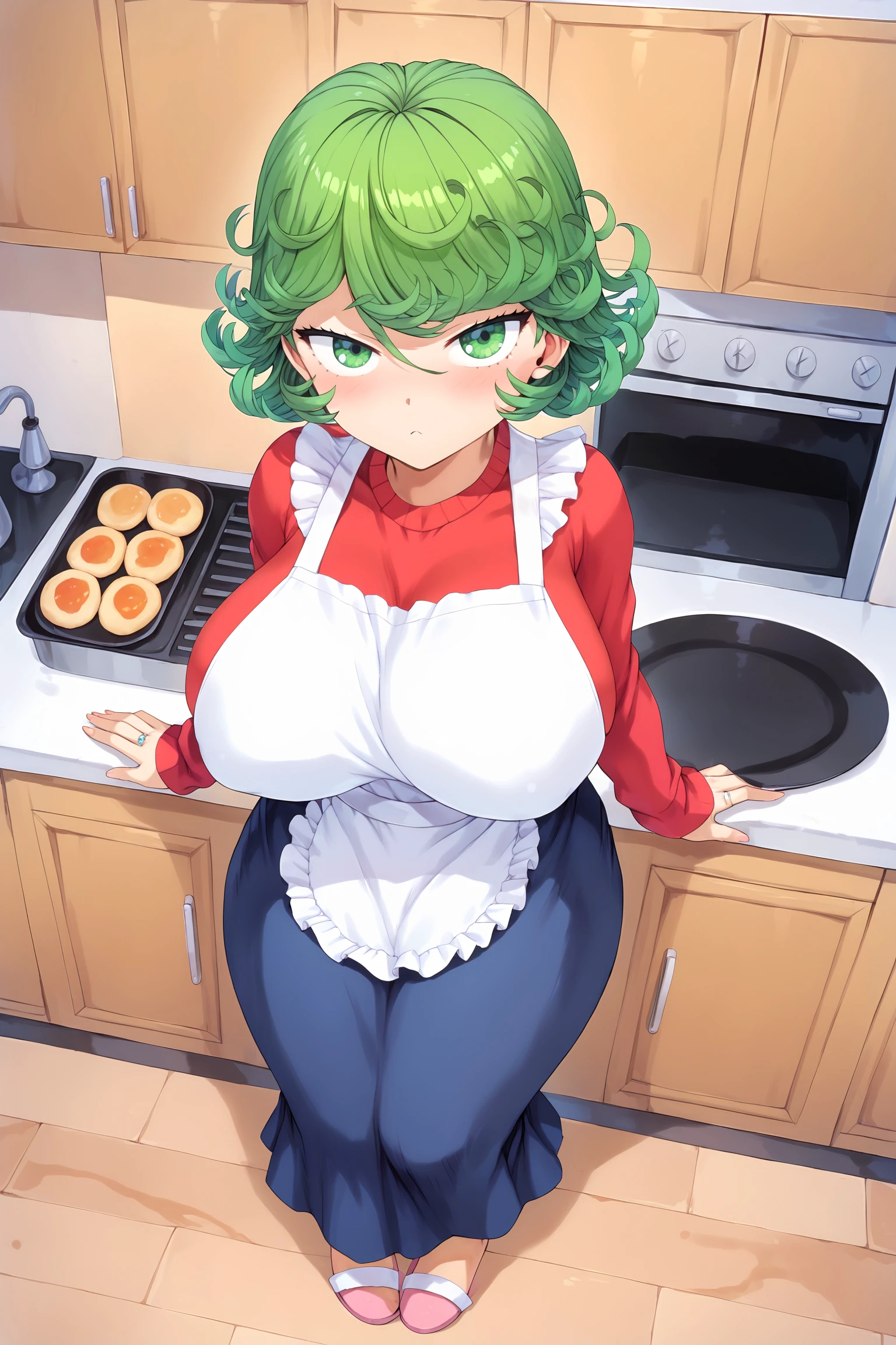 score_9, score_7_up,
BREAK
solo, 1girl, looking at viewer, from above, closed mouth, light frown, blush,
<lora:tatsumaki-like-wife:1>, t4tsumaki-like-w1fe, large breasts,
shirt, long sleeves, apron, frilled apron, slipper, long skirt, sweater, housewife, wedding ring, jewelry,
indoors, kitchen