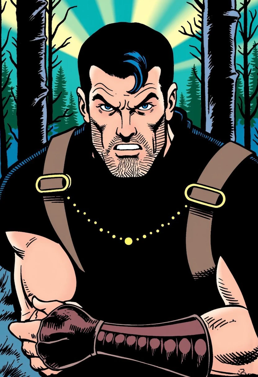 retro_comics style,short stubble beard, middle aged muscular wild fighter man, wide face, wide jaw, (((wide chin))), angry expression, black short backcombed hair,black cloak, straps, inside deep forest, (((night))), blue eyes, chin scar, arm hair, leather wrist armor, northern lights, (detailed eyes), (medeival),