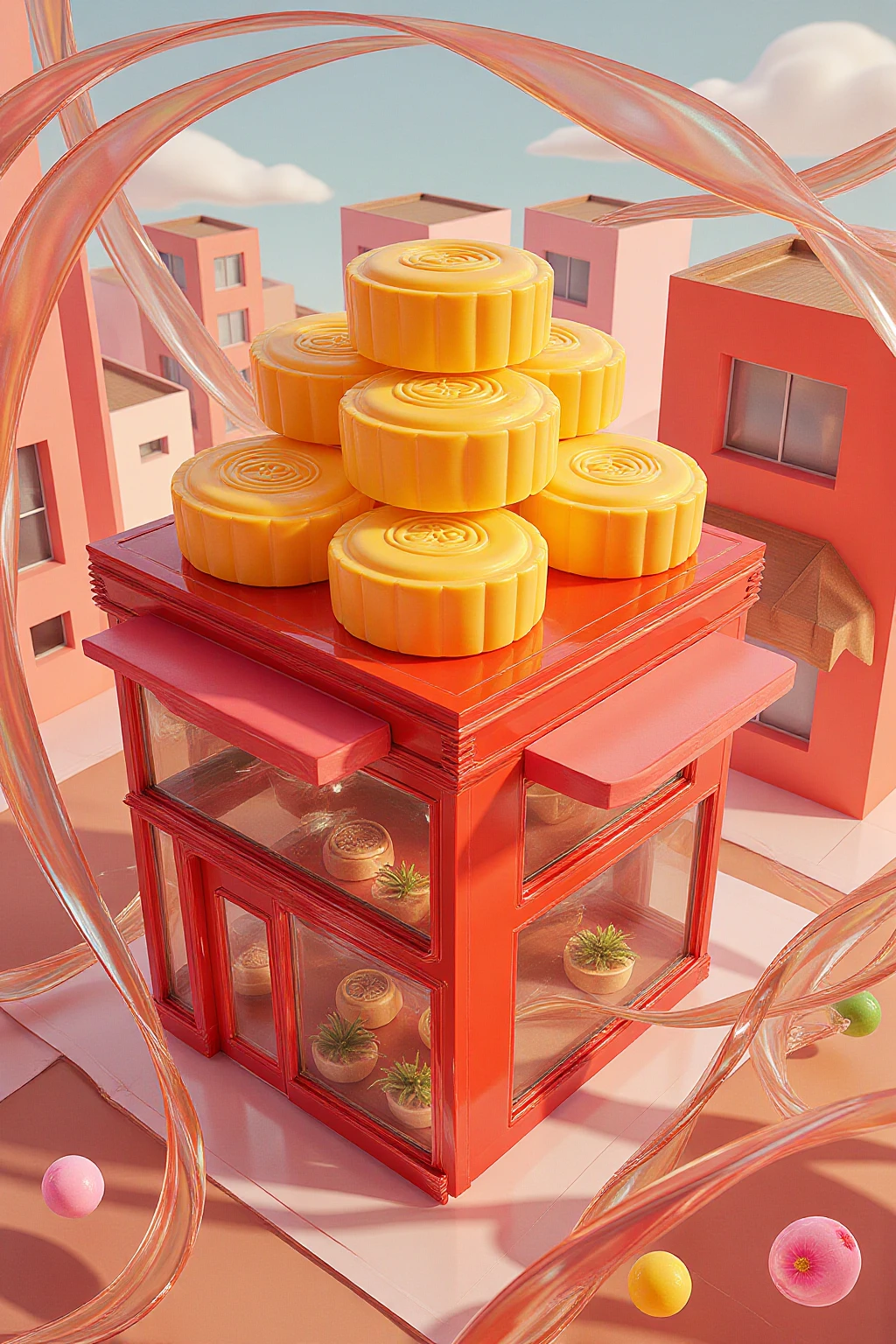 bingyuzai,On top of a red shop are huge yellow Chinese mooncakes,surrounded by iridescent transparent glass ribbon,no humans,shop,outdoors,flower,day,building,road,masterpiece,Digital Art,c4d Style,best quality,mooncake,