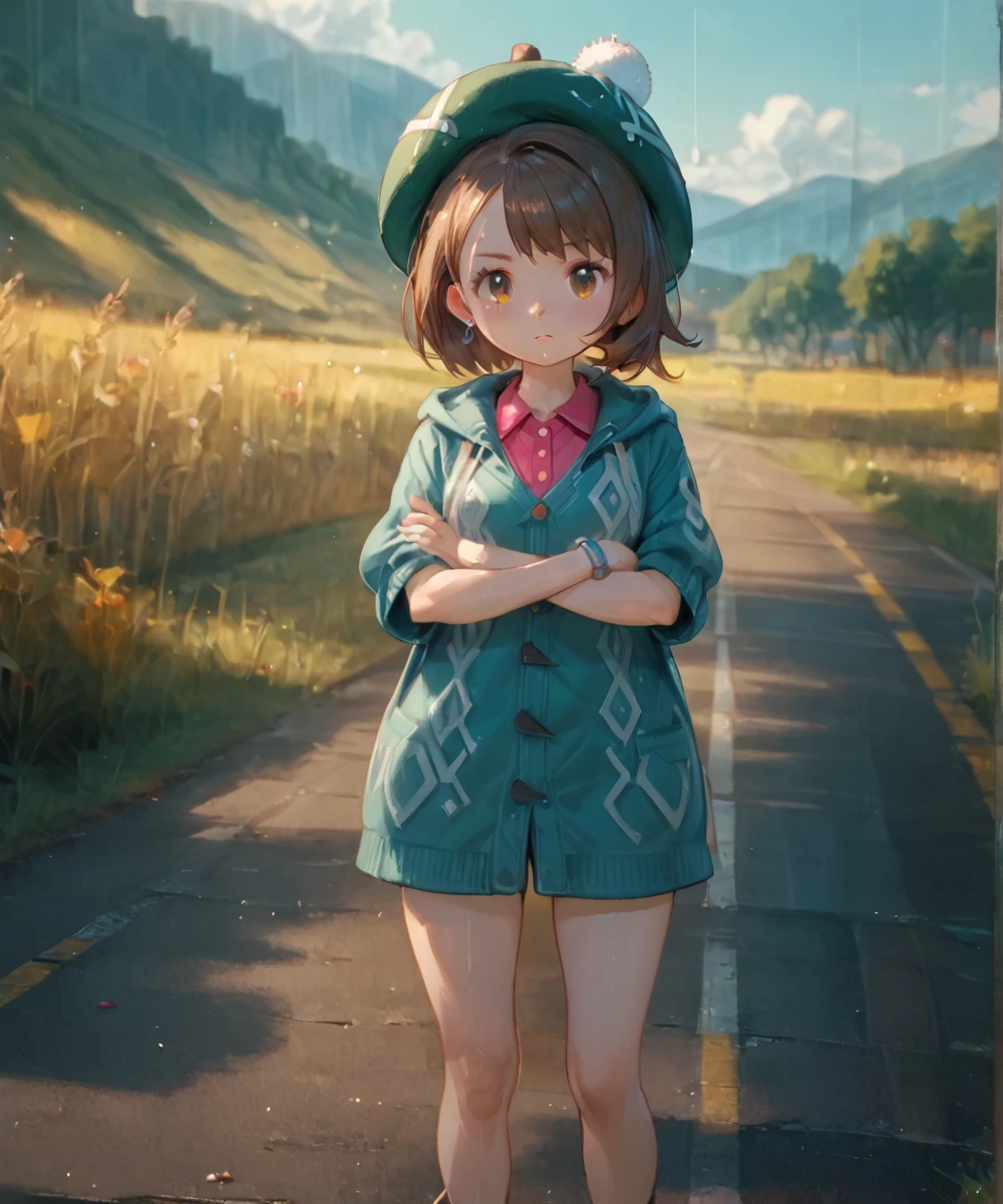 testyle, solo,  Gloria_(pokemon), cardigan, green hat, anoyed, crossed arms, standing on road, grass, field, outdoors, impatient<lora:Xinsir_glitch_style_retrained_FORPONY-000013:1>