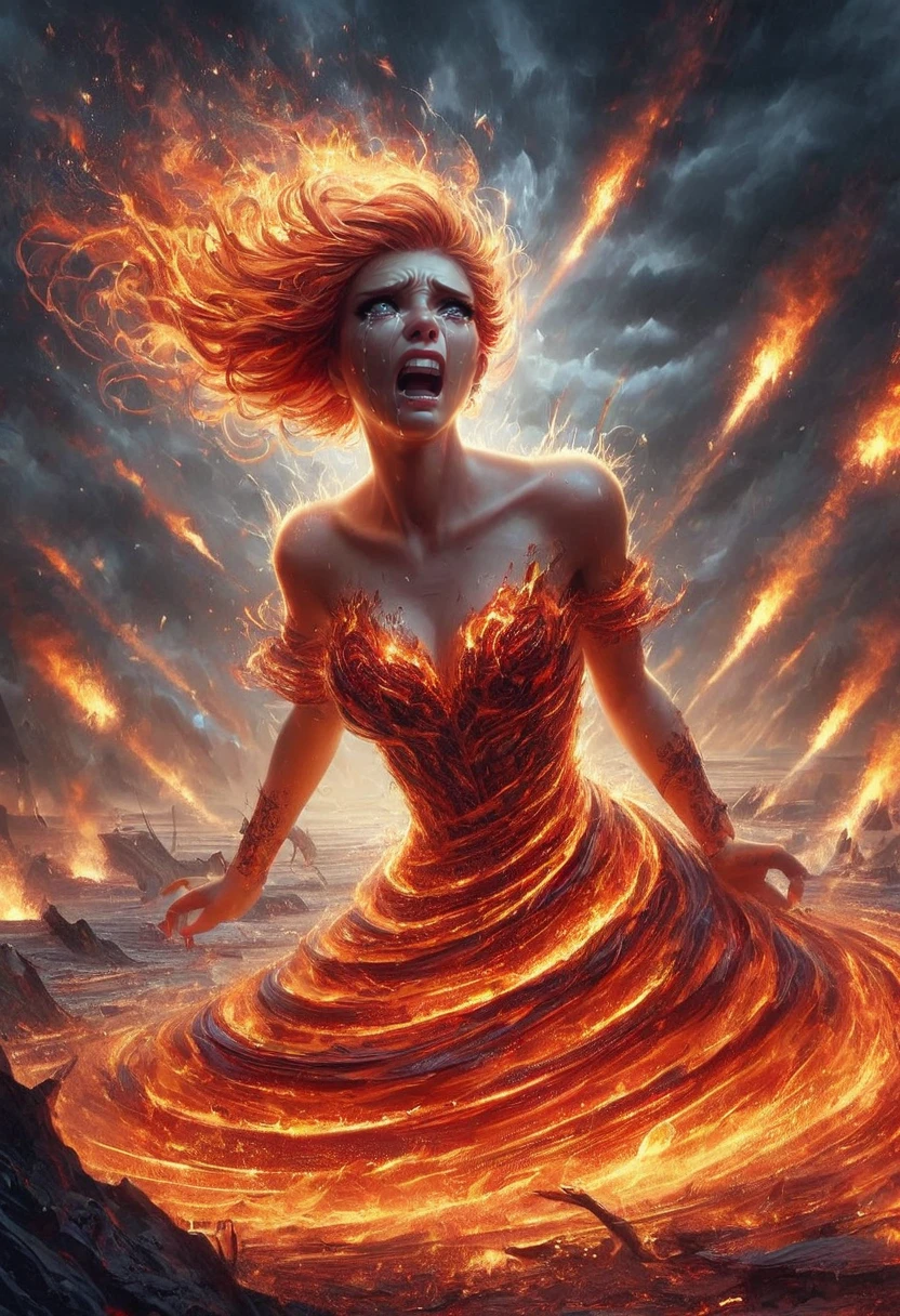 score_9, score_8_up, score_7_up, firegoddess, 1woman, fire dress, crying, battlefield, realistic concept art, 8k, detailed