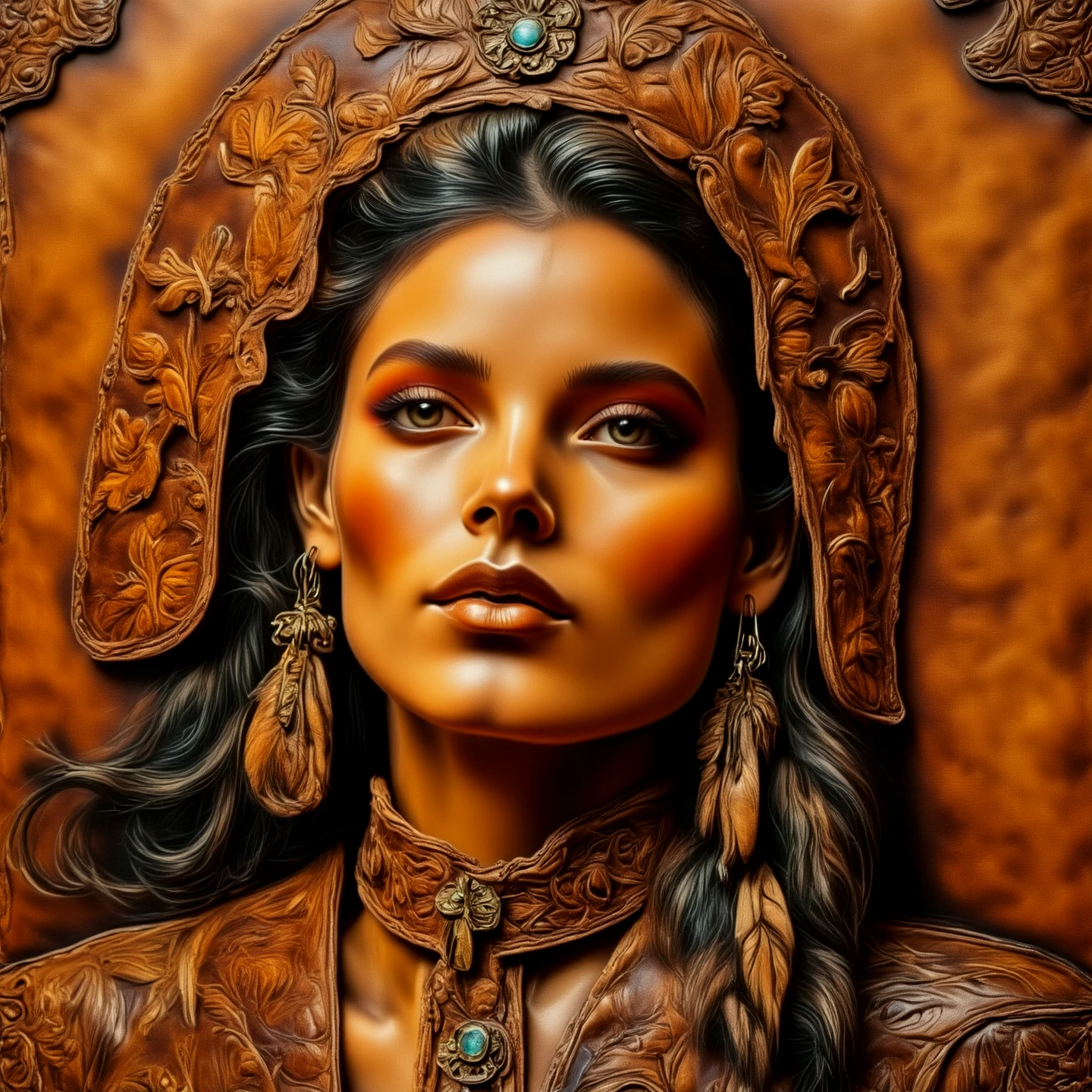 Leather art, depicting the portrait of a youg woman.

lthrCE style