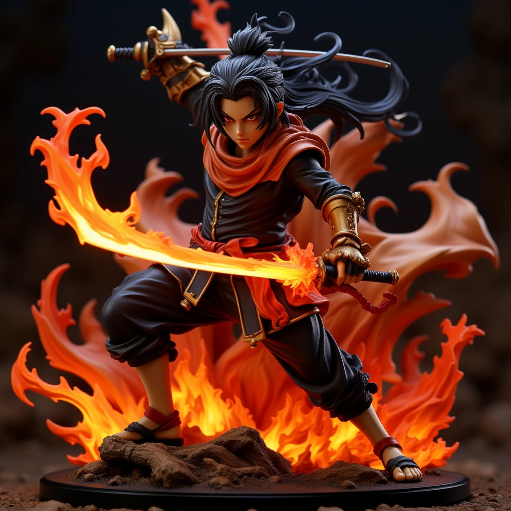 3Dfigure,A fiery anime swordsman mid-slash, his flaming blade illuminating his fierce expression in a dimly lit arena.