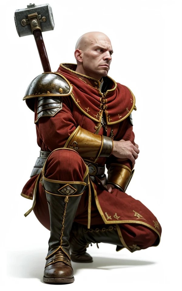 High-resolution Photorealistic Image of simple white background, kneeling on one knee,  <lora:Warrior_Priest_of_Sigmar_Mark_of_Chaos-000009:0.8> w4rr1orpr1st, bald male, armor, red robes, red capelet, gold trim, boots, metal collar, holding war hammer, book at waist, skull symbol, bokeh, LDSR, Depth of Field, OverallDetail