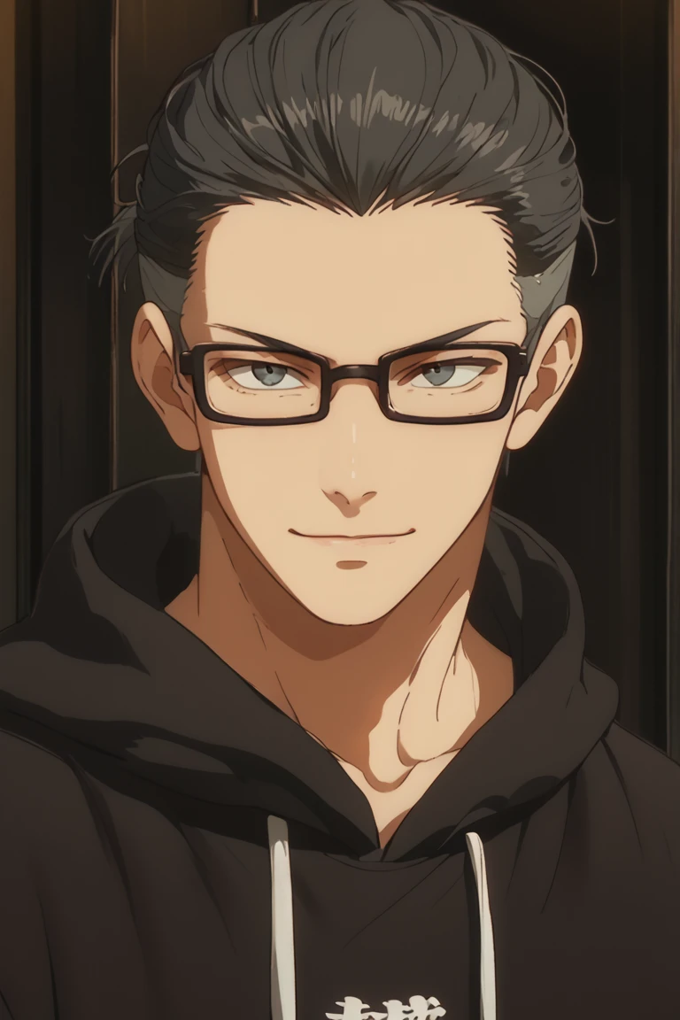 score_9, score_8_up, score_7_up, source_anime, rating_questionable, KojiGIVEN, black-grey_Koji_hair, black_Koji_glasses, 1boy, male focus, anime screencap, smirk