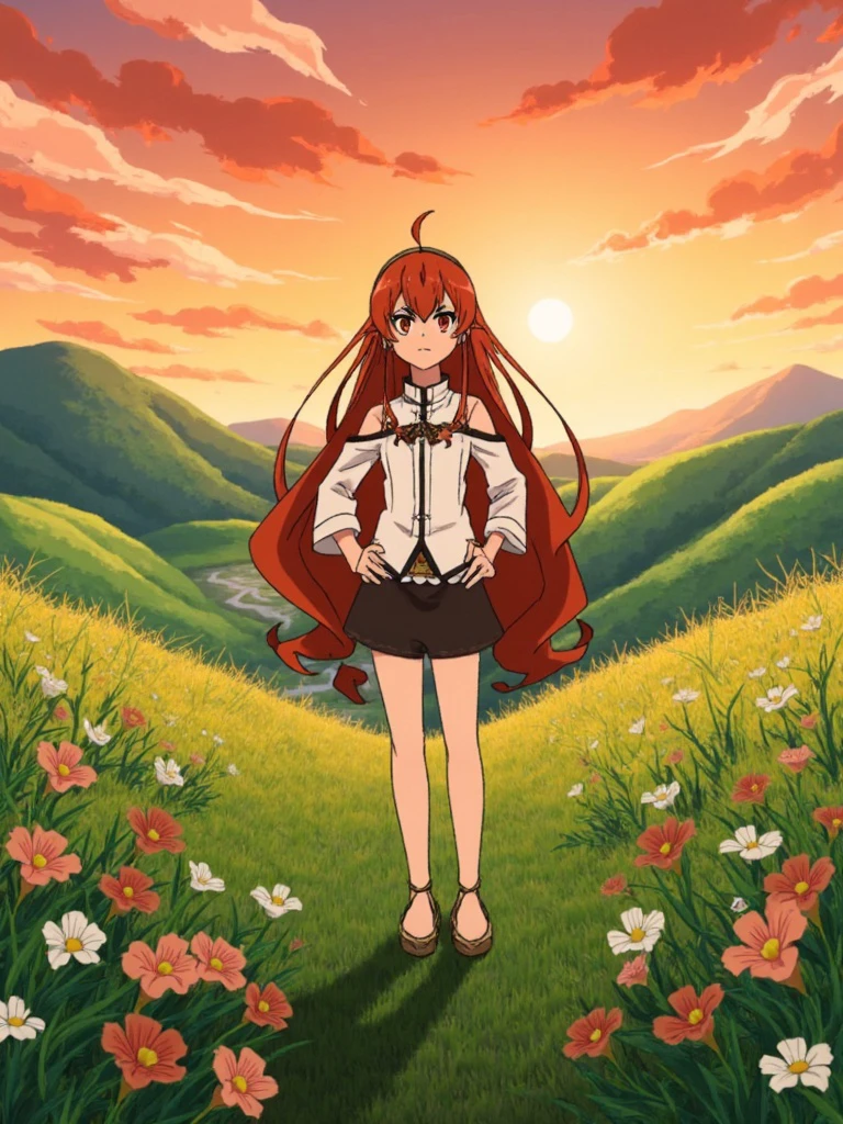 erisgreyrat stands confidently in the middle of a lush, green field, her fiery red hair flowing freely in the gentle breeze. She is looking at the viewer. Behind her, rolling hills stretch into the horizon, with vibrant wildflowers swaying gently. The sky above is a brilliant gradient of oranges and pinks, giving the entire scene a magical, ethereal atmosphere. The anime style is vibrant, with bold lines and expressive features.