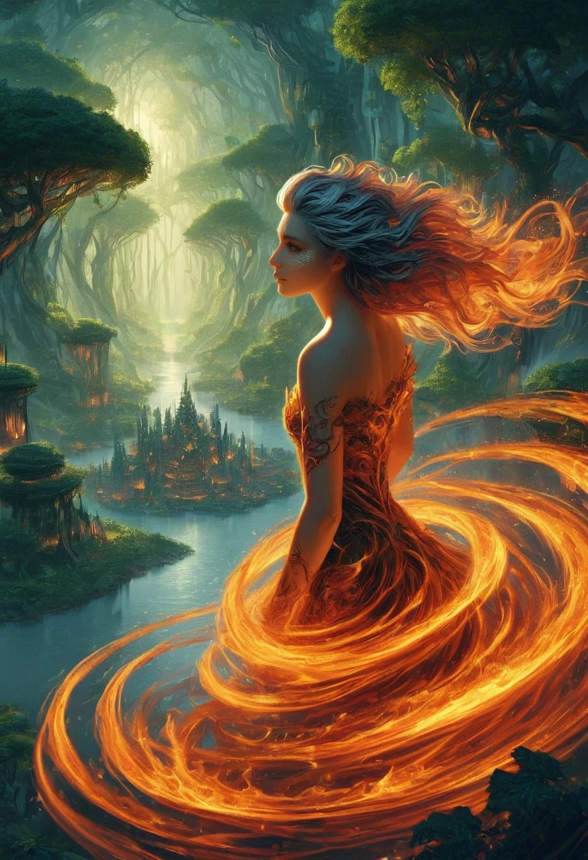 score_9, score_8_up, score_7_up, firegoddess, 1woman, solo, long hair, water, tree, bare shoulders, fantasy, nature, elven architecture