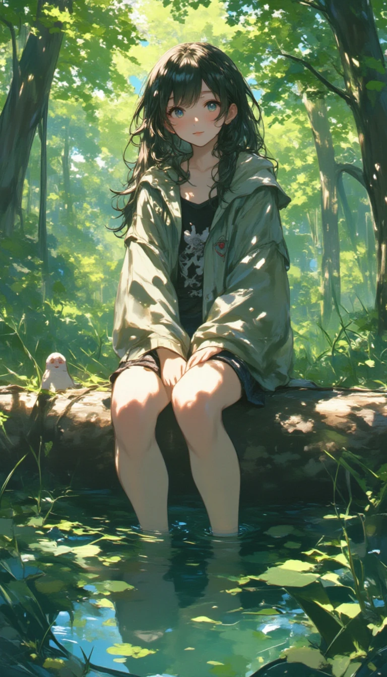a woman sitting on a log in a swamp,anime,