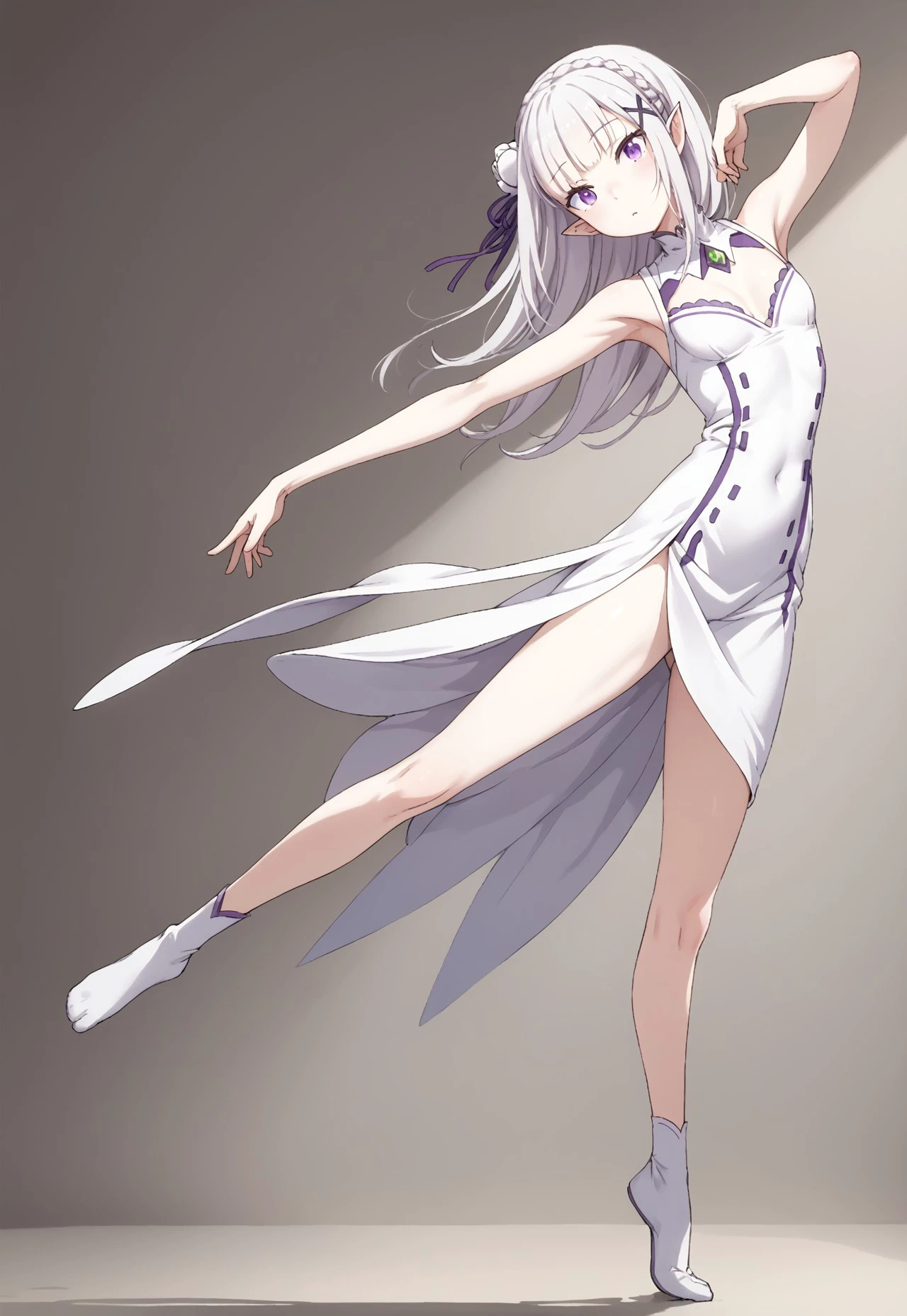 
score_9, score_8_up, score_7_up, ((( )))
,
((( 1girl, solo, Pose002, dancing, standing on one leg)))
,
((  ))
,
((( Petite )))
,
((( )))
,
((<lora:rezero-emilia-s3-leak-ponyxl-lora-nochekaiser:1>, emilia, braid, crown braid, flower, hair flower, hair ornament, hair ribbon, long hair, pointy ears, purple eyes, white hair, x hair ornament,))
,
(( Empty white room ))
,
(((  )))
,
((((  ))) 