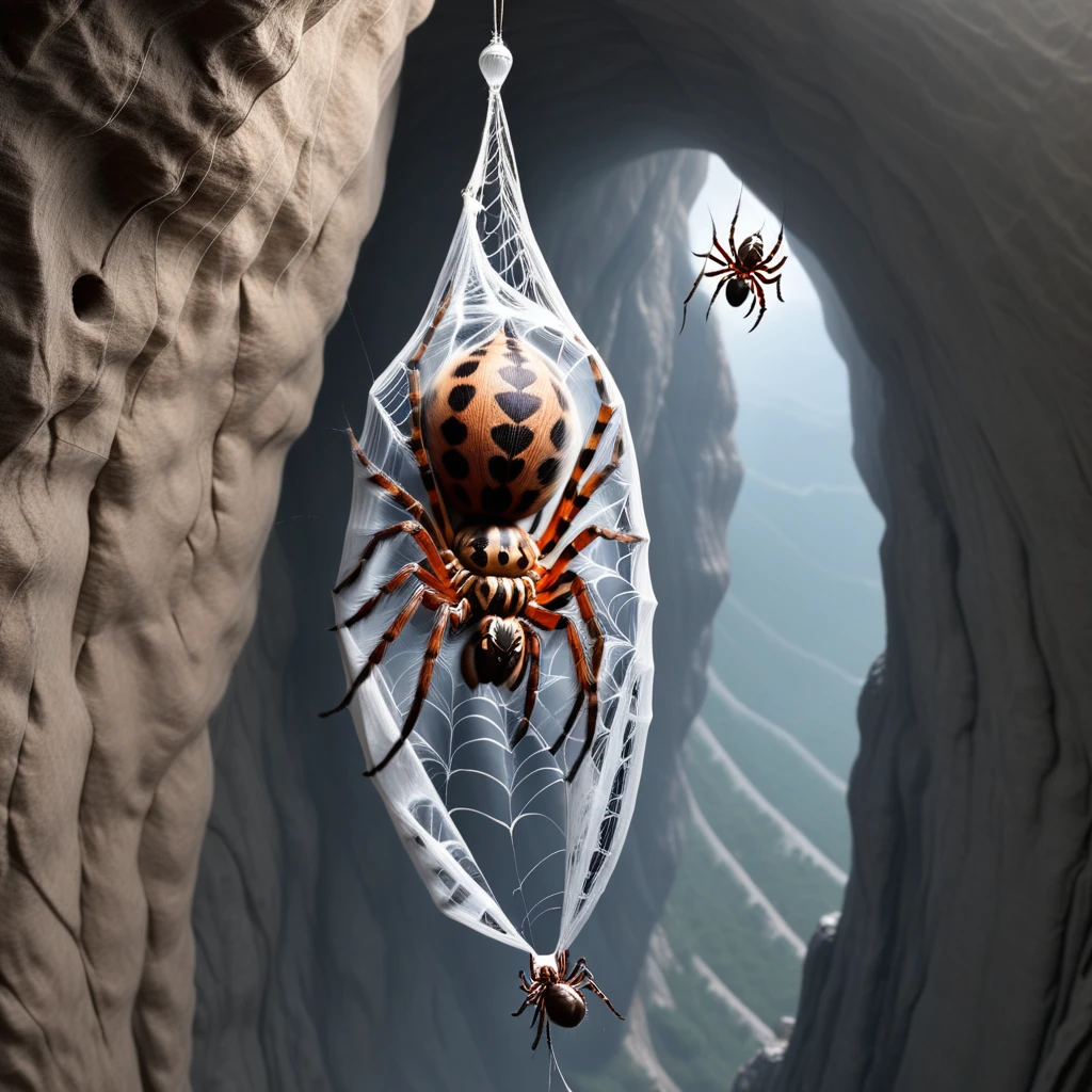 a female is in a cocoon hanging from a cliff with a spider injecting her with venom, spider meal