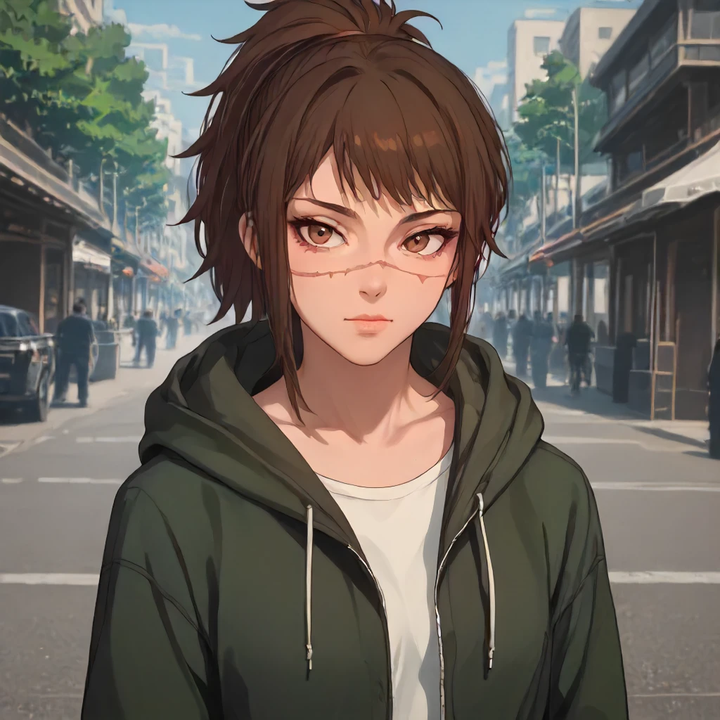 csmt3ndo, 1girl, brown eyes, brown hair, scar on face, ponytail, hoodie, looking at viewer, cowboy shot <lora:Character CSM Michiko Tendo:1>, score_9, score_8_up, score_7_up, score_6_up, score_5_up, score_4_up, masterpiece, detailxl. BREAK