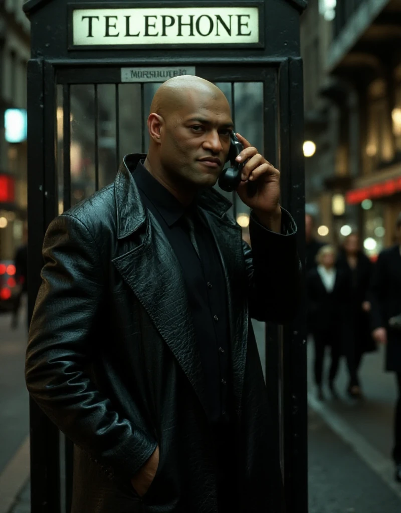 Morpheus is a bald man wears a long black latex jacket. he is calling from a phonebooth  in a vintage new york  <lora:Morpheus:0.9>