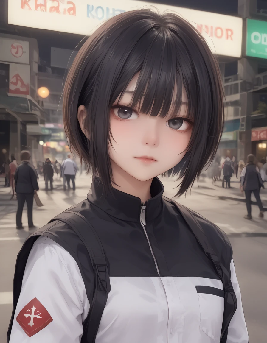 anime artwork GTA-style artwork cinematic film still A rebellious girl with leaning against a Citroen DS 32 with dual headlights,parked in a neon-lit urban area,
1girl,<lora:SUYA_TAT:1>,medium breasts,black eyes,<lora:Anime_detail_eye:0.7>,black hair,short hair,hime cut,messy hair,blunt bangs,
with her jacket adorned with very artistic letters displaying the word ("Klauss2":1.8), . shallow depth of field, vignette, highly detailed, high budget, bokeh, cinemascope, moody, epic, gorgeous, film grain, grainy . satirical, exaggerated, pop art style, vibrant colors, iconic characters, action-packed . anime style, key visual, vibrant, studio anime,  highly detailed