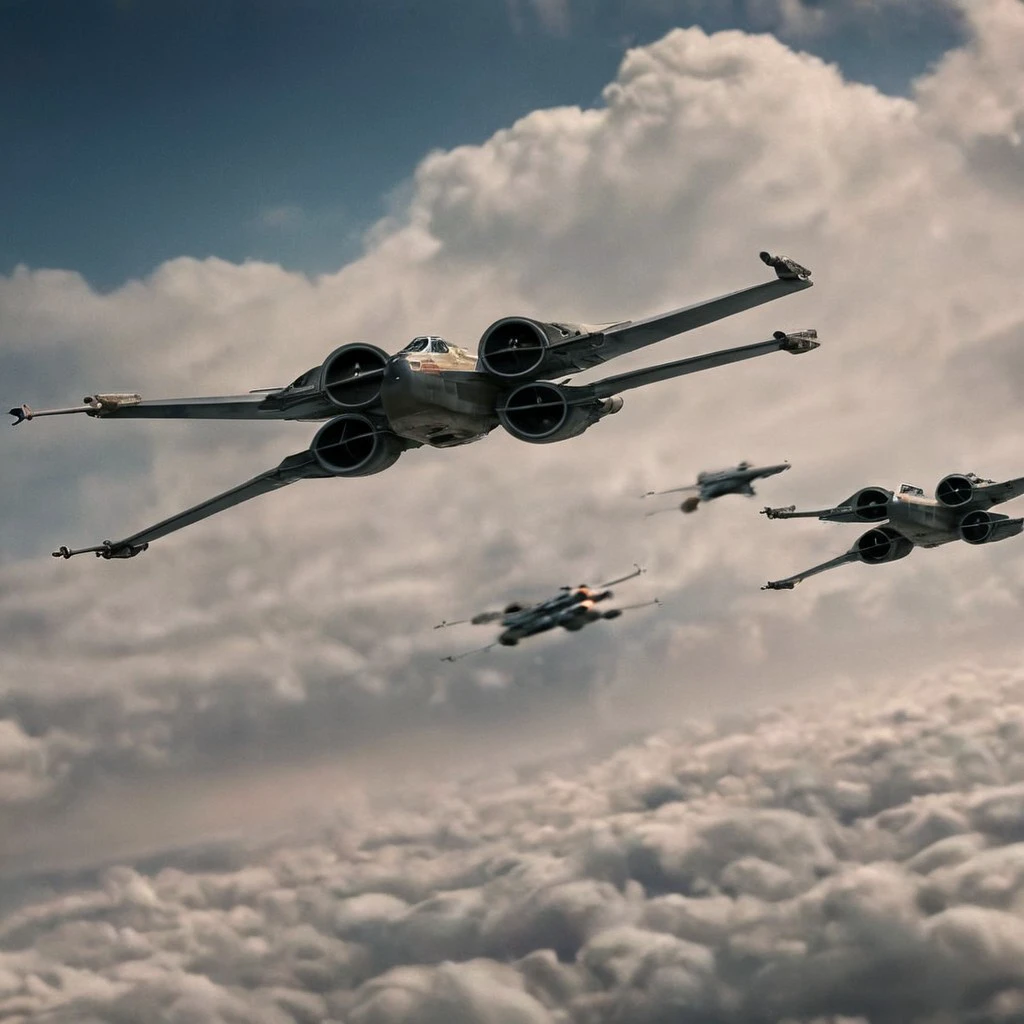 cinematic film still, detailed, perfect, 
X-wing a group of fighter jets flying through a cloudy sky,sky,cloud,military,no humans,scenery,flying,science fiction,realistic,aircraft,military vehicle,airplane,vehicle focus,jet , star wars style, from front, shallow depth of field, vignette, highly detailed, high budget, bokeh, cinemascope, moody, epic, gorgeous, film grain, grainy