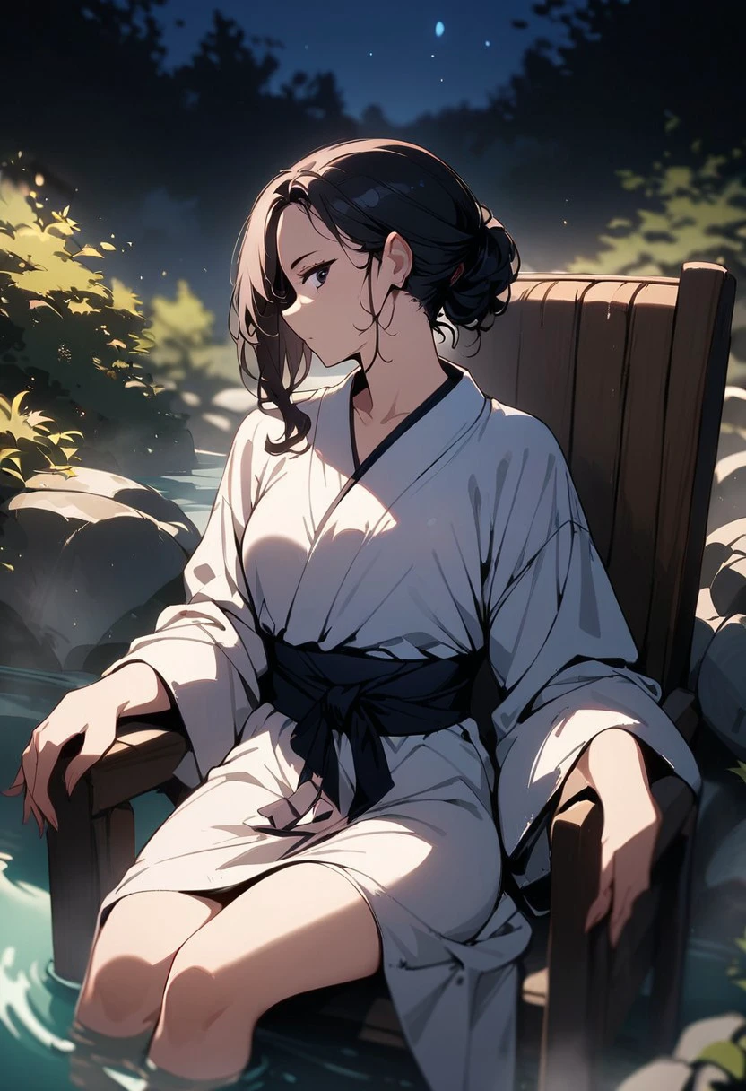 (zPDXL3), 1girl, disheveled black-haired, single hair bun, black eyes, dynamic angle, profile, looking at viewer, bath robe, relaxing sitting on chair, bacony, night, onsen inn