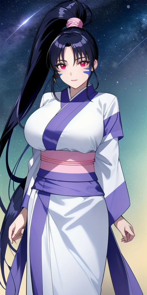 <lora:AchikaV5:0.7> masaki_achika_high_ponytail, huge_breasts, standing, solo, arms_behind_back, starry_sky, facial_mark_red_eyes_white_kimono_blue_trim_pink_back_bow_aqua_sash_wide_sleeves, masterpiece, best_quality, detailed_face, detailed_eyes, highres, beautiful, detailed, absurdres,