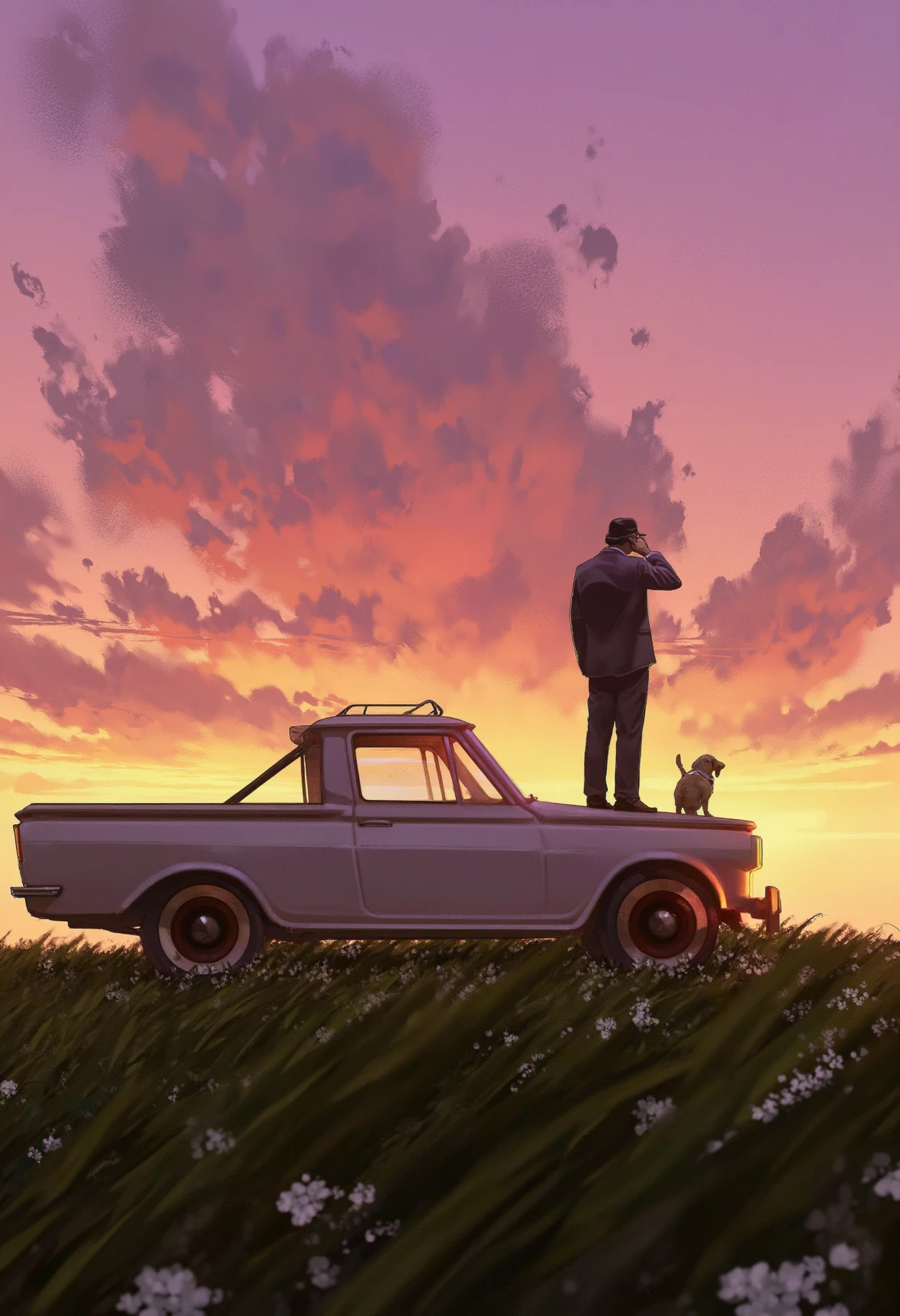 <lora:ScenicHorizonsFLUX:1> sc3n1ch0r1s0ns,
this is a whimsical semi-realistic digital illustration featuring a serene and dreamy scene, the image depicts a man and a small dog standing in a lush open field at sunset, the man dressed in a dark suit and hat is standing on the driver's side of an old worn-out pickup truck which is parked on the left side of the image, he is holding a phone to his ear suggesting he is engaged in a conversation, the dog a small breed with a brown coat stands beside the truck looking up at the man with a curious expression,the sky above is ablaze with hues of orange pink and purple indicating a breathtaking sunset, soft fluffy clouds are scattered across the sky adding to the serene atmosphere, the truck with its vintage design and worn paint blends harmoniously with the natural surroundings, the illustration style is characterized by soft brushstrokes and subtle color gradations giving the scene a warm nostalgic feel, the overall mood is peaceful and contemplative inviting the viewer to pause and appreciate the tranquil moment