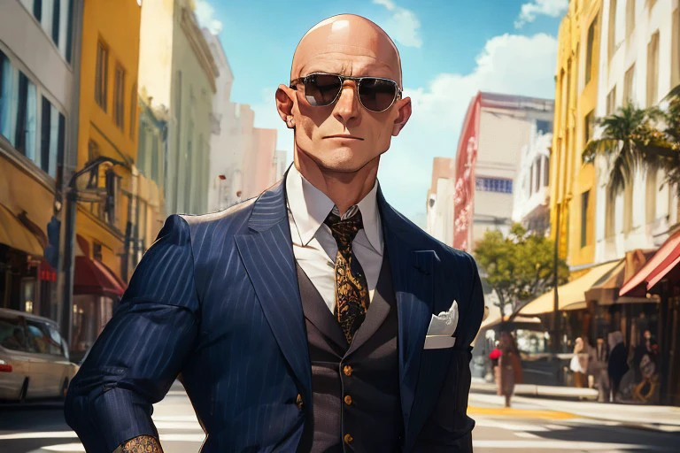 (masterpiece), best quality, expressive eyes, perfect face, masterpiece, highest quality, masterpiece, highest quality, A Futuristic mob boss with Alopecia, bald, completely hairless, White Mid 40s, attractive, no earrings, no hair on his body, no hair on his face, muscular, dressed like a 1920s gangster even though he is living in the year 2100, summer clothes, sleeves rolled up, tattoos on arms, on a Miami downtown street corner, fashionable sunglasses, <lora:0789830d-cb93-4cd2-bc90-cc2742bb2c45:0.7>