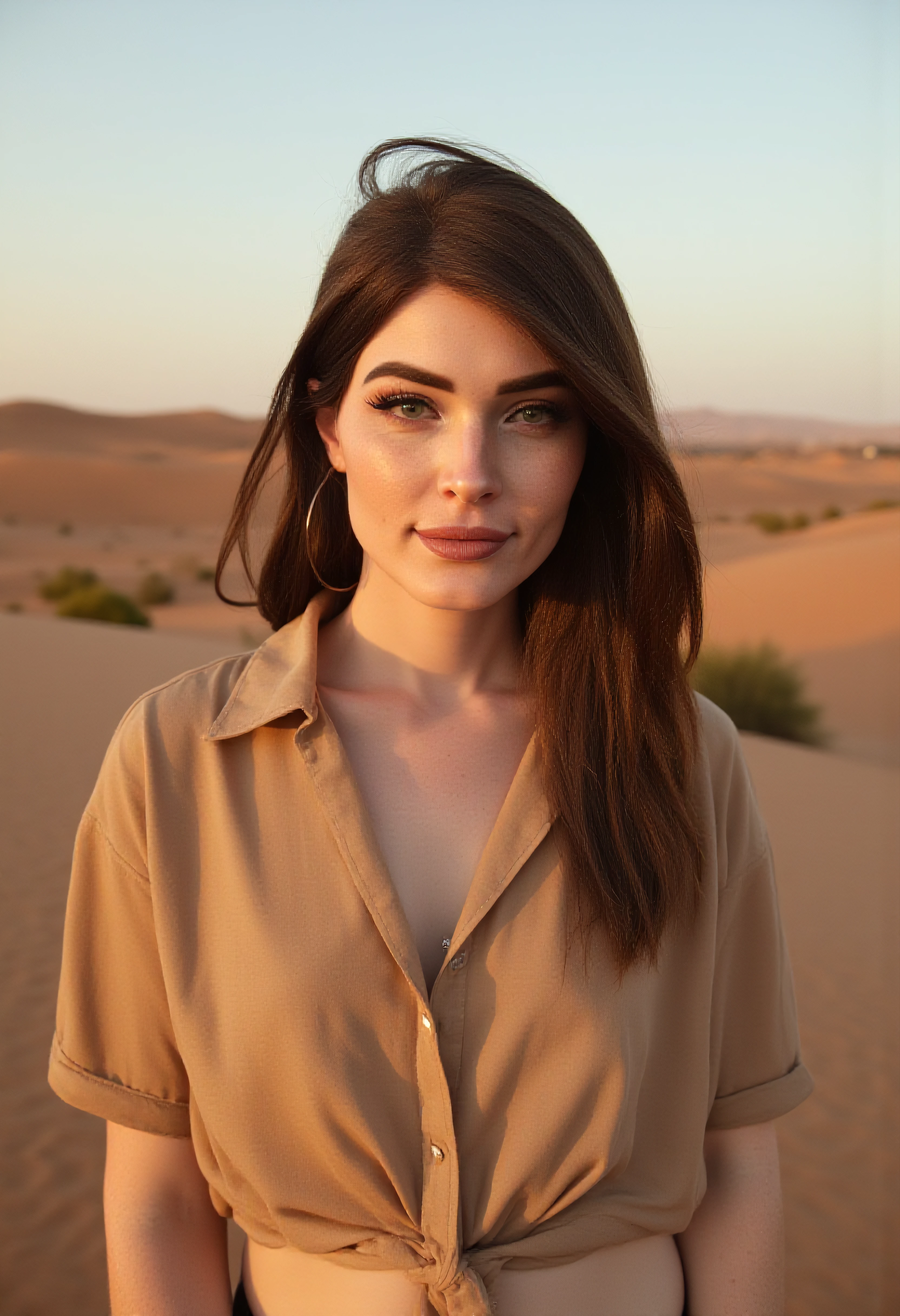 portrait of a Woman posing in the desert, she is wearing a tan shirt, front view, it is golden hour