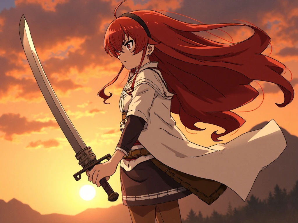 erisgreyrat stands confidently, gripping her sword, her fiery red hair flowing wildly in the wind. Her sharp amber eyes are focused with fierce determination, framed by strands of hair that cascade over her shoulders. She wears a sleek, battle-worn tunic with intricate detailing, the fabric rippling as she moves. Her sword, polished and deadly, reflects the golden glow of the setting sun, casting long shadows on the ground. The anime art style emphasizes her dynamic pose, bold colors, and sharp lines, with a vibrant, dramatic sky in the background, highlighting her warrior spirit.