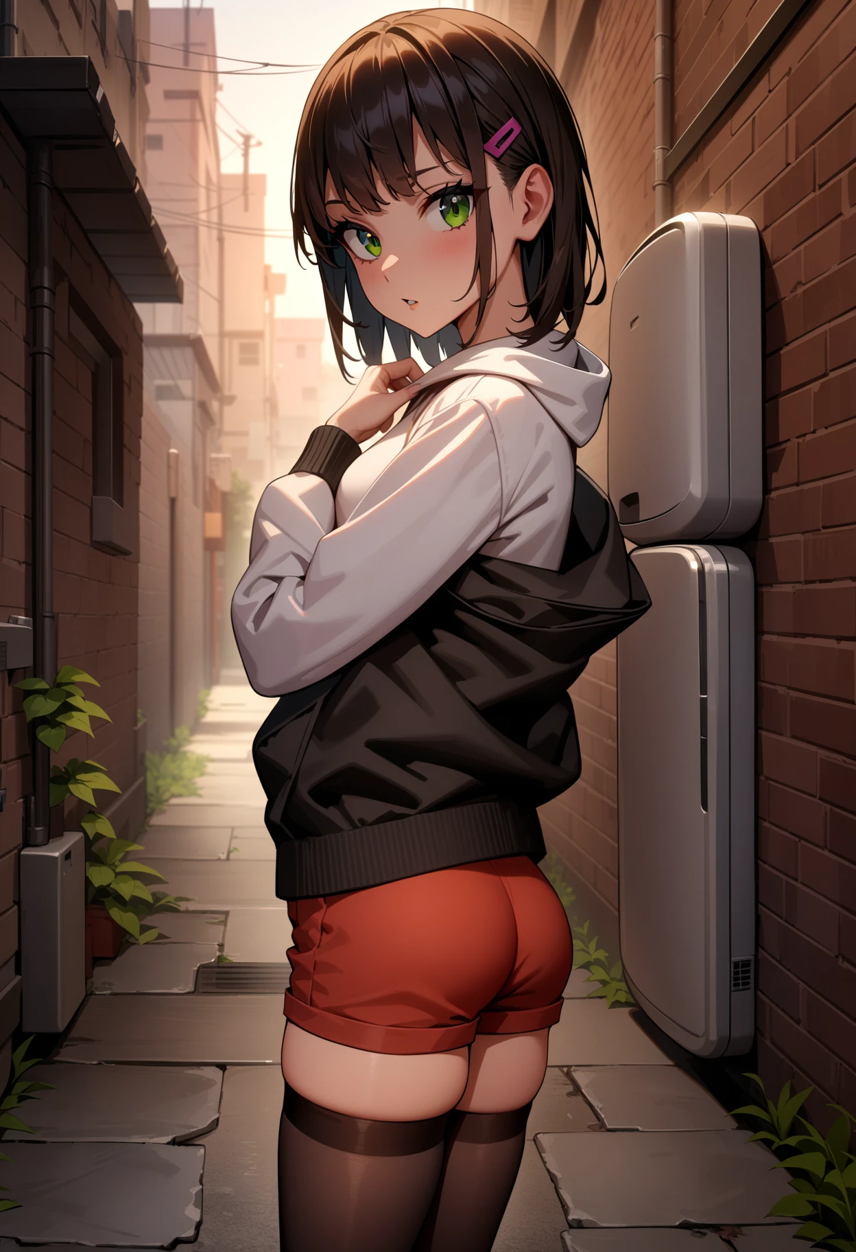 masterpiece,best quality,very aesthetic,absurdres,
1girl,
<lora:Shoujo_v1+2+3:1>,shoujo02,green eyes,hairclip,long sleeves,jacket,shorts,black_thighhighs,sneakers,<lora:Fixhands_anime_bdsqlsz_V1:1>,
looking at viewer,standing,cowboy shot,back alley,air conditioner,looking_at_viewer,posing,, masterpiece,best quality, very aesthetic, absurdres, ultra detailed, high resolution, 4k, extremely detailed CG,