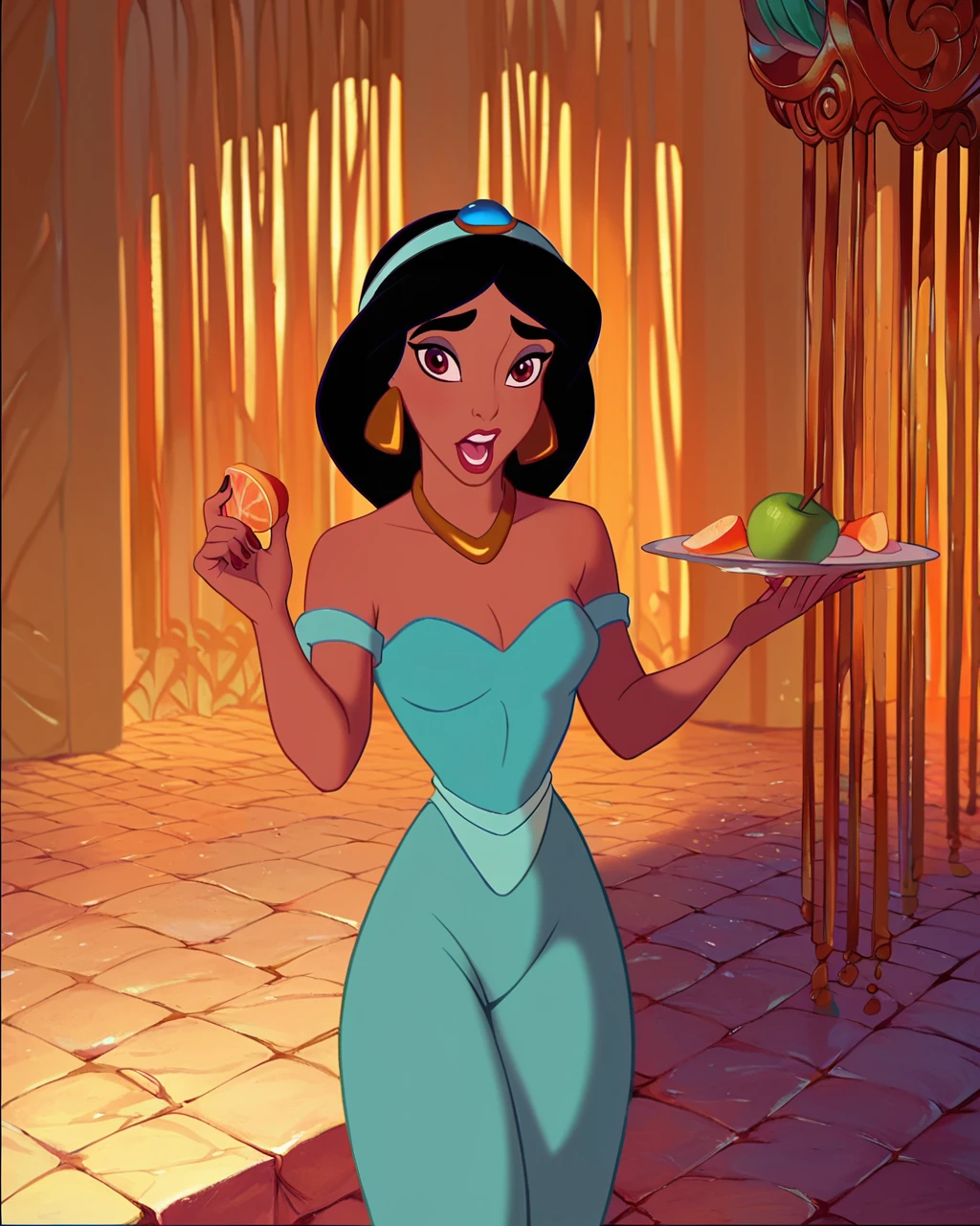 Create an image of Disney Princess Tiana character, eating cheese bread, with her in a green dress and a princess crown on her head