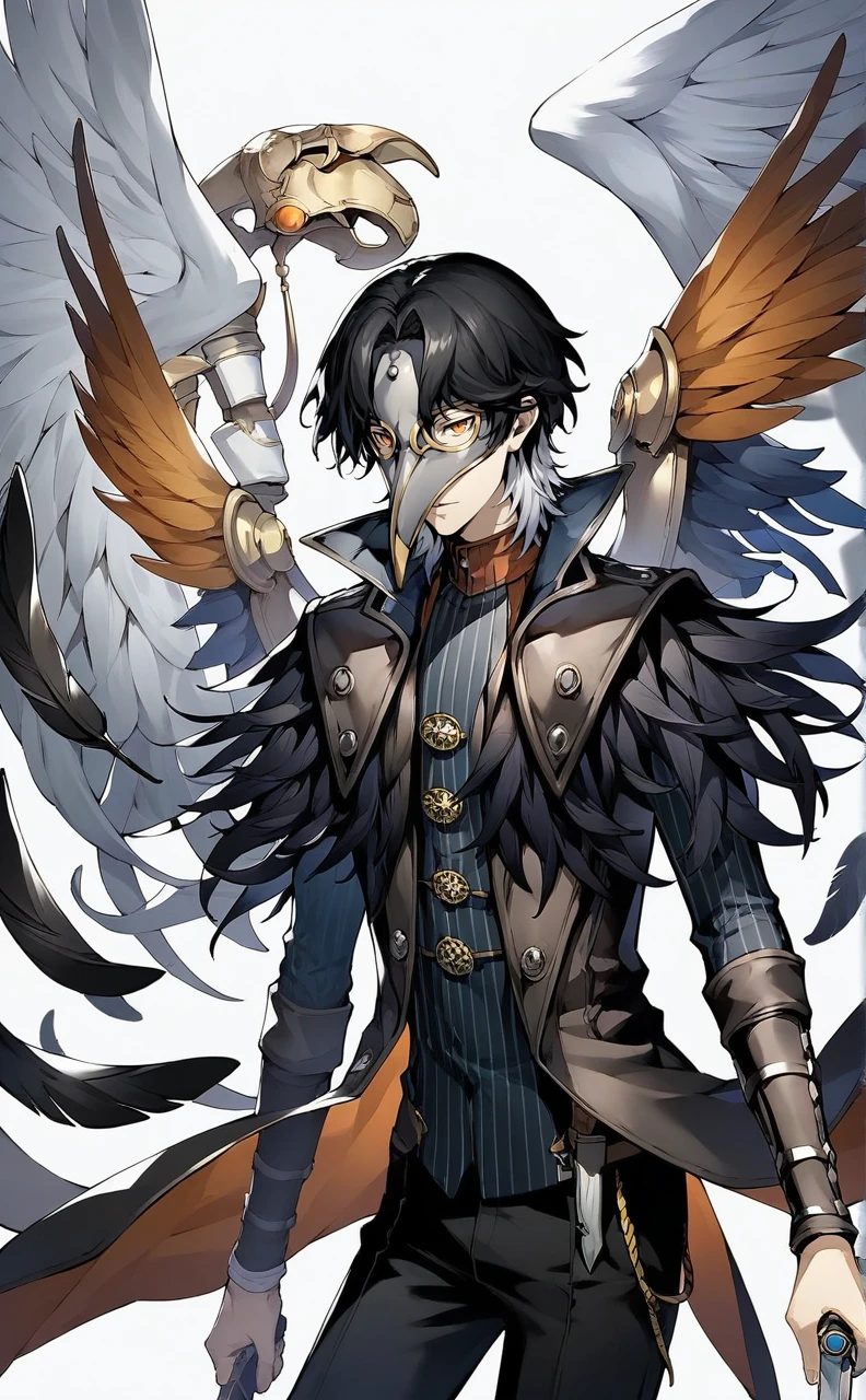 score_9,score_8_up,score_7_up,source_anime,1boy,solo,kitasato_kira,male focus,multicolored hair,black hair,white hair,black pants,slender,mole,pale skin,fair skin,orange eyes,standing,,simple background,white background,mask,feather,holding,double knife,coat,wings,<lora:kitasato_kira:0.8>