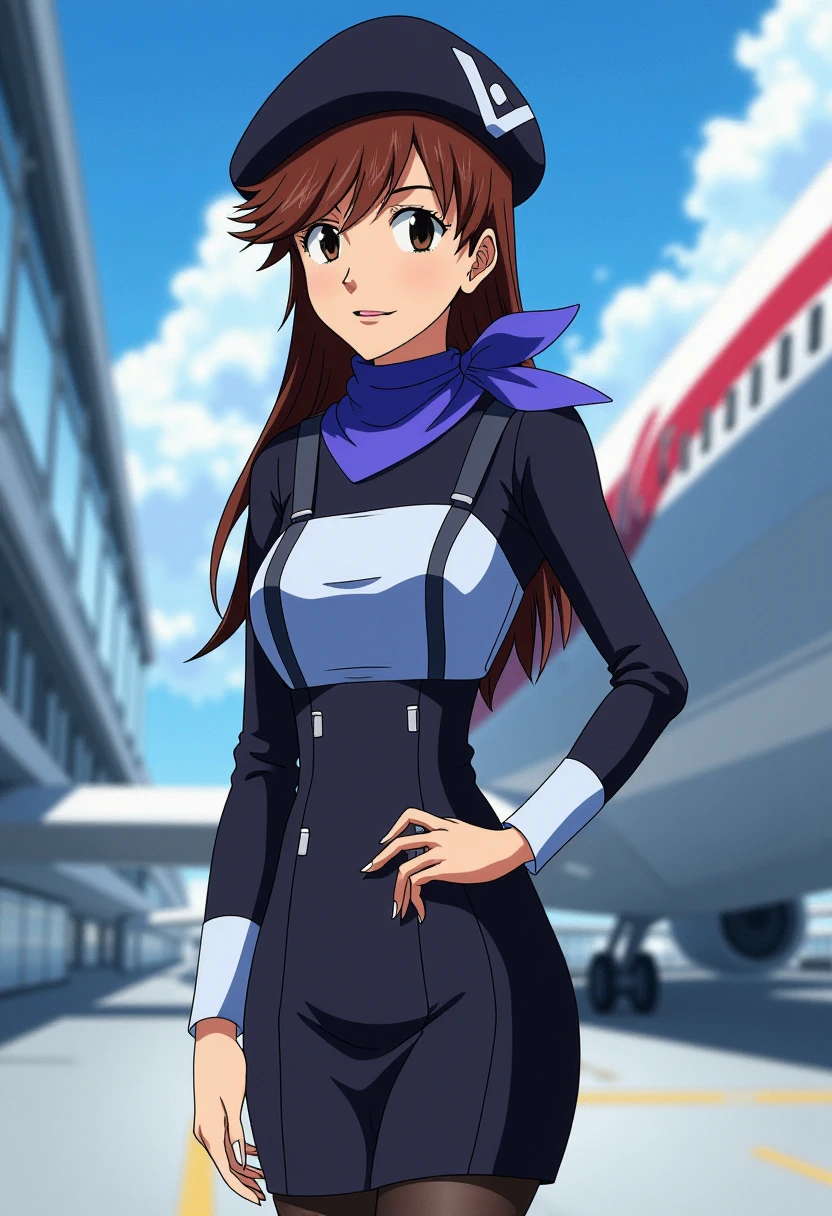 A detailed solo portrait of suzuharasakura. 
Anime style, sharp, high contrast and highly detailed. Ghibli anime style. Perfect anatomy. Perfect body ratio. No oversized head. No blurry, out of focus pictures. No simple background, no single color background. 
  , 
She is standing in a futuristic airport, with sunshine, blue sky and white cloud in the background. She wears a sleek and professional airline attendant uniform inspired by Japanese aesthetics, similar to the uniforms of ANA (All Nippon Airways). The uniform should consist of a tailored black jacket with a subtle sheen, featuring a structured, fitted design with long sleeves and a single-button closure. Beneath the jacket, the attendant wears a light blue collared shirt, neatly tucked into a matching knee-length pencil skirt. Around the neck is a silk scarf in a vibrant, bold color such as purple or blue, tied elegantly to add a touch of flair and sophistication. The outfit is complemented by sheer black tights and polished black dress shoes with low heels, designed for both style and comfort. She looks mature, gentle and elegant. She is looking at the viewer with a beautiful smile.  <lora:Suzuhara Sakura - Flux prototype_epoch_5:1>