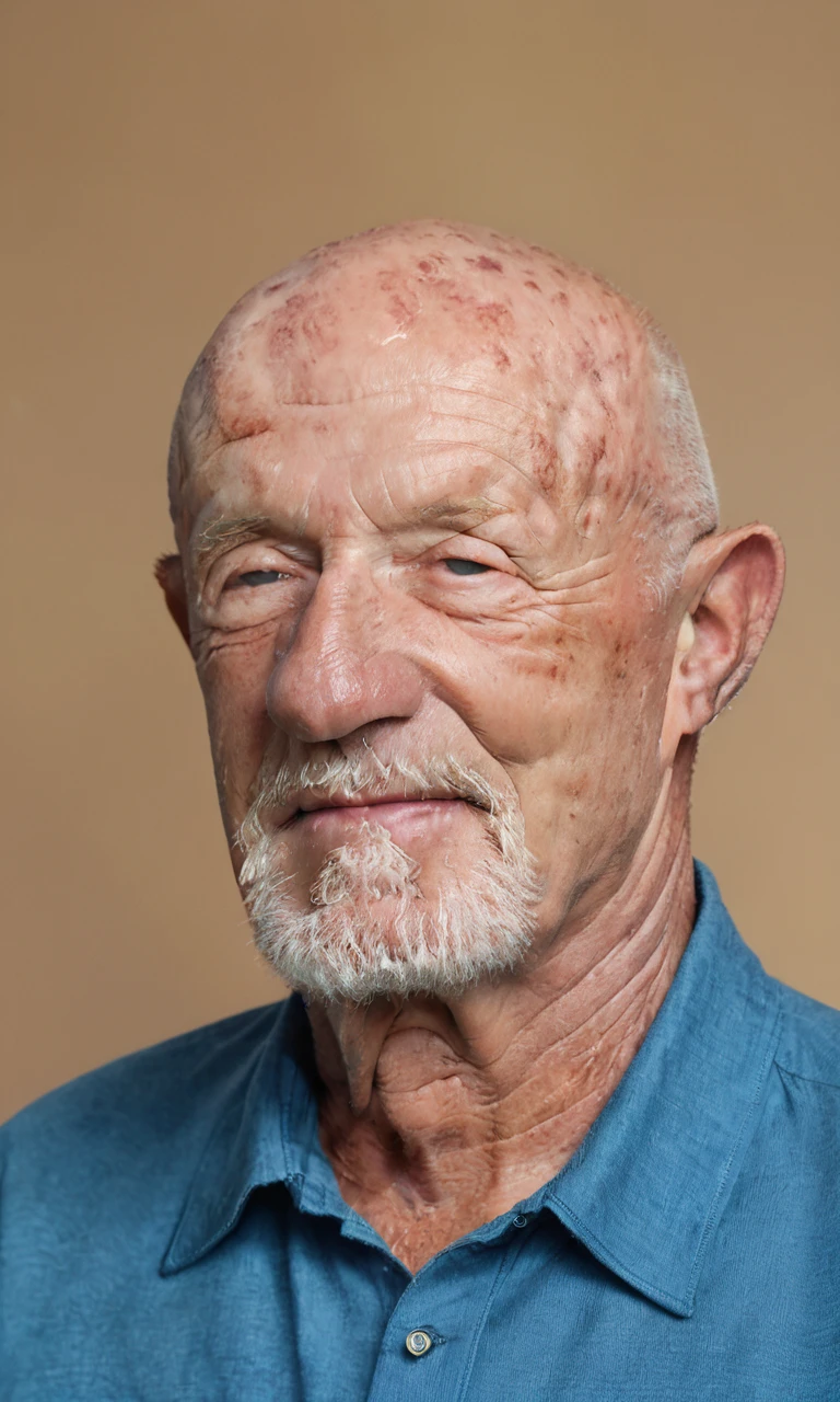 (detailed face:1.2),source_photo,score_9, score_8_up, score_7_up, score_6_up,solo,1boy,Jonathan banks,1boy, old, old man,bald,upper body,blue shirt,simple background