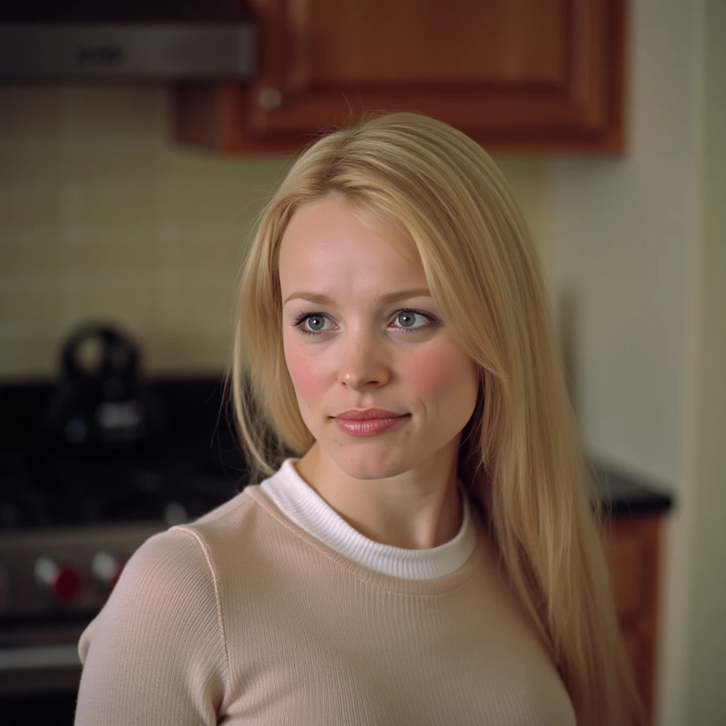 woman, light makeup, blonde, conservative sweater, kitchen, r3g1n4