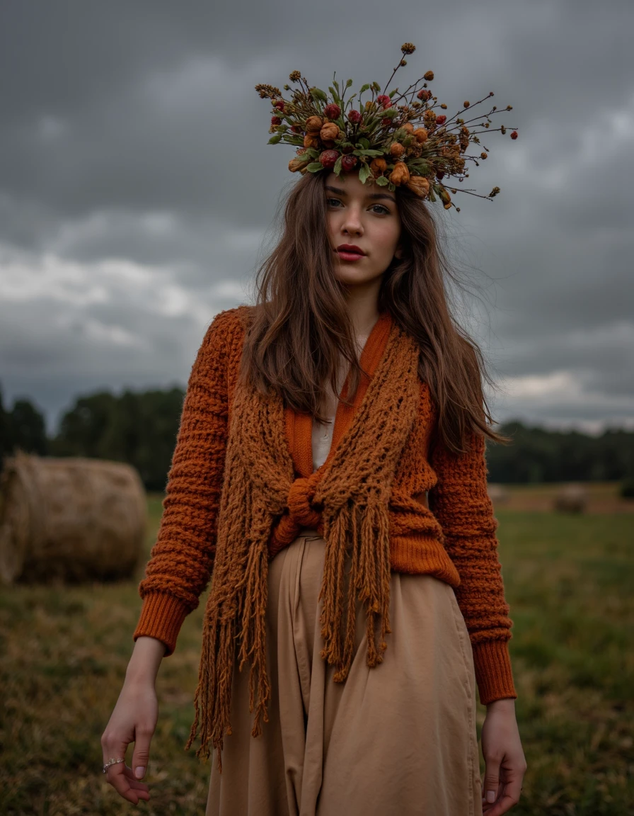 Photorealistic portrait in a fashion editorial style, featuring a female figure in a pastoral setting. She wears an elaborate headdress adorned with dried flowers and berries, and her long hair flows freely in the wind. Her attire includes an earthy-toned outfit with a textured, knitted overlay in rich shades of orange and brown, paired with a beige flowing skirt. The background showcases a blurred hay bale and distant trees under a dramatic, moody sky, contributing to a mysterious and ethereal atmosphere. The soft lighting enhances the deep shadows and subtle highlights on the figure.
