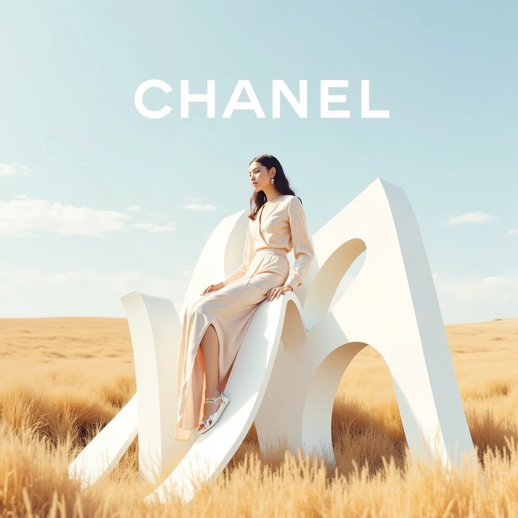 magazine_style, magazine cover, Chanel cover, A minimalist and luxurious scene set in a vast, open landscape with soft golden grass and a crisp, pale blue sky. At the center, an elegant woman sits on a sleek, geometric, abstract sculpture made of white polished metal, reminiscent of modern art. She is dressed in a flowing, silky Chanel gown, exuding sophistication, with clean lines and a soft pastel color palette that complements the serene and high-fashion atmosphere. The fabric of her gown drapes elegantly over the sharp, angular surface of the sculpture, creating a striking contrast between the softness of the fabric and the structure beneath.

Her posture is graceful and poised, with her gaze slightly averted, adding an air of mystery. The minimalist background, void of distractions, amplifies the luxuriousness of her presence, while subtle shadows play across the scene, enhancing the geometric forms around her. The lighting is soft and diffused, creating a harmonious balance between the natural environment and the sharp elegance of her attire. The entire composition reflects modern elegance and minimalism, perfectly capturing Chanel’s iconic blend of simplicity and high-end fashion.