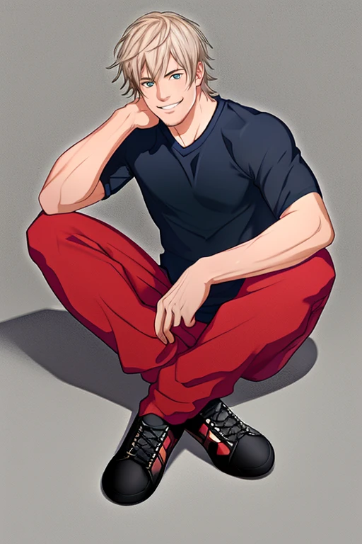 (masterpiece),(best_quality),1boy,Zoujouten,black t-shirt,red pants,brown sneakers,sitting,smile,<lora:Zoujouten:1>,