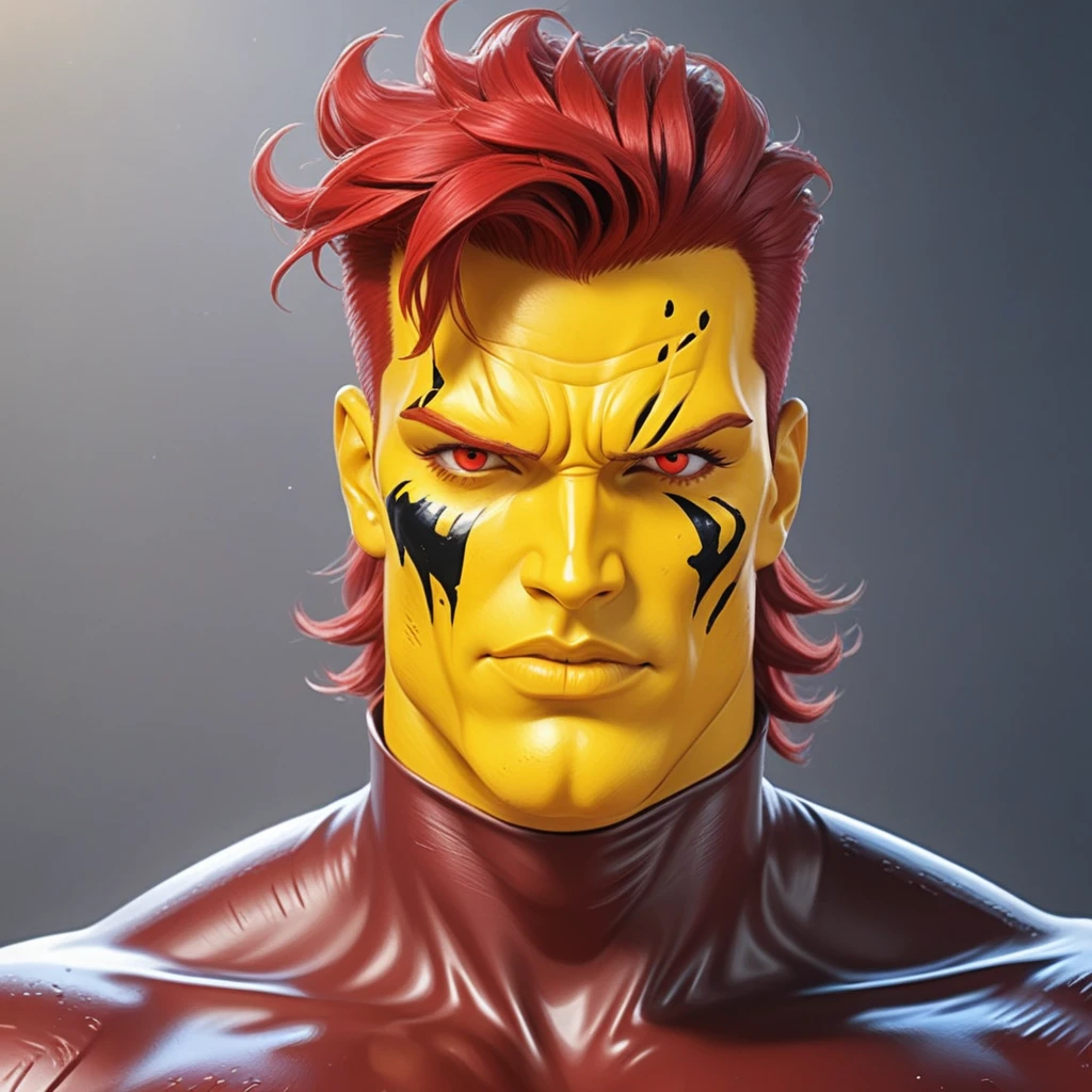 captainpollution, portrait, face, close up portrait, man, 1man, blender, yellow skin, red hair, red eyes, yellow face, dirty skin, super hero suit, red crop top, red cropped top, red cropped t-shirt, yellow stomach, navel, black belt with a golden buckle, red short pants, red boots with black sole, red gloves, smooth, detailed, comic book style, plain solid background, masterpiece, 4k, mud spots on face, mud spots on yellow skin