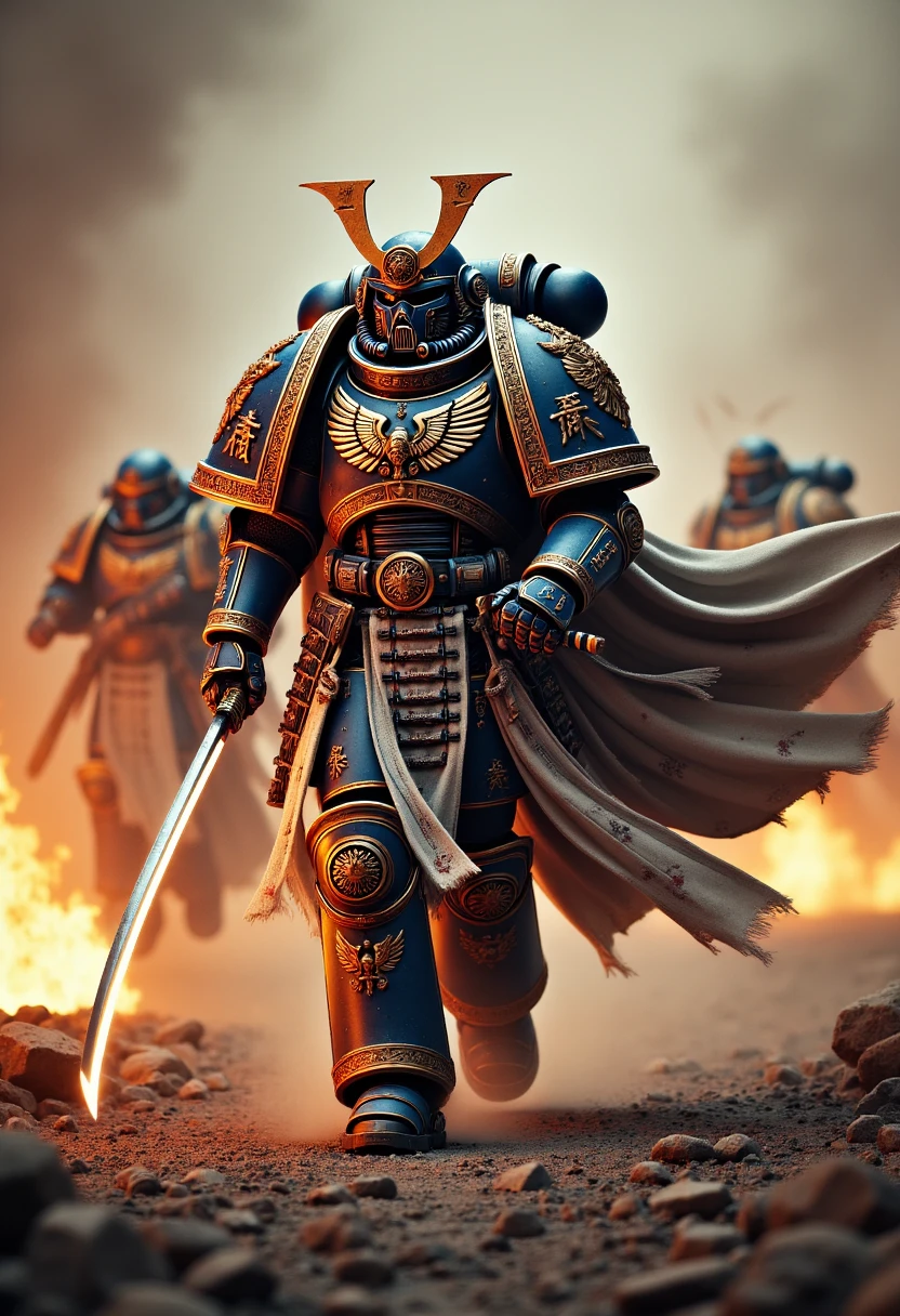 imagine a photorealistic depiction of an edo space marine in decorated power armor and cloak charging across a smoke and fire filled battlefield raising his katana an enemy off the edge of frame