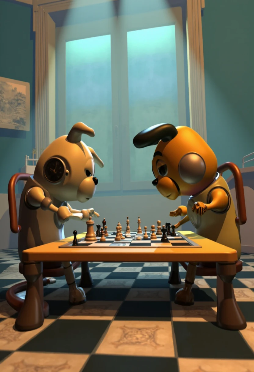 rebootstyle, a robot and a dog playing chess.   <lora:Reboot_Style_F1D-000015:0.8>